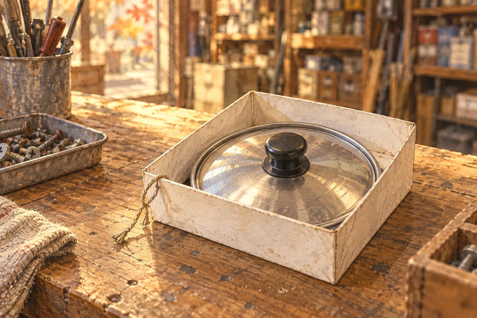 古い金物店の作業台に置かれた、名前札のない小箱と、黒いつまみを交換したやかんのふた。