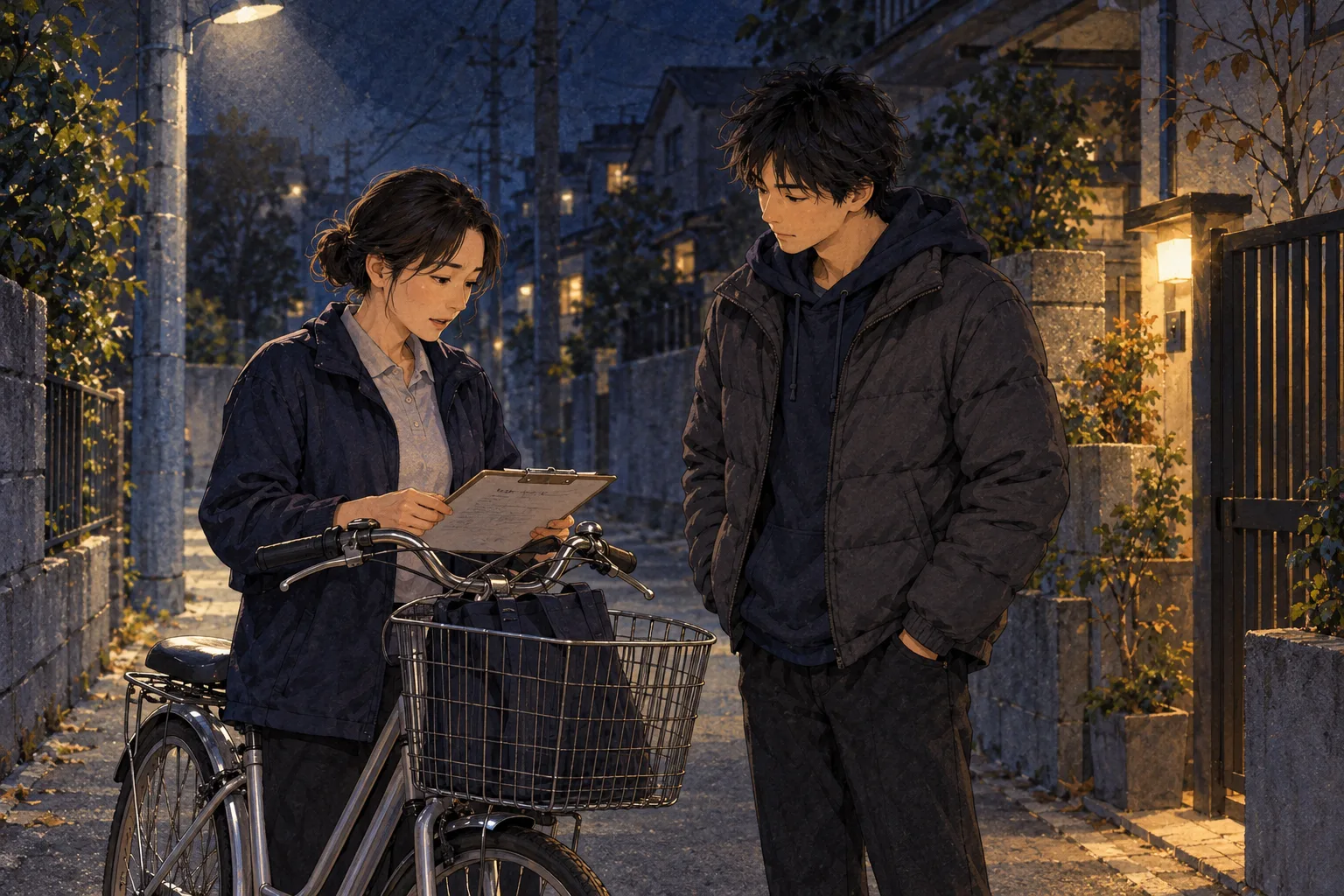 夜の防犯灯の下、自転車のハンドルに載せた意見票を読む三浦涼子と、そばに立つ森下航。