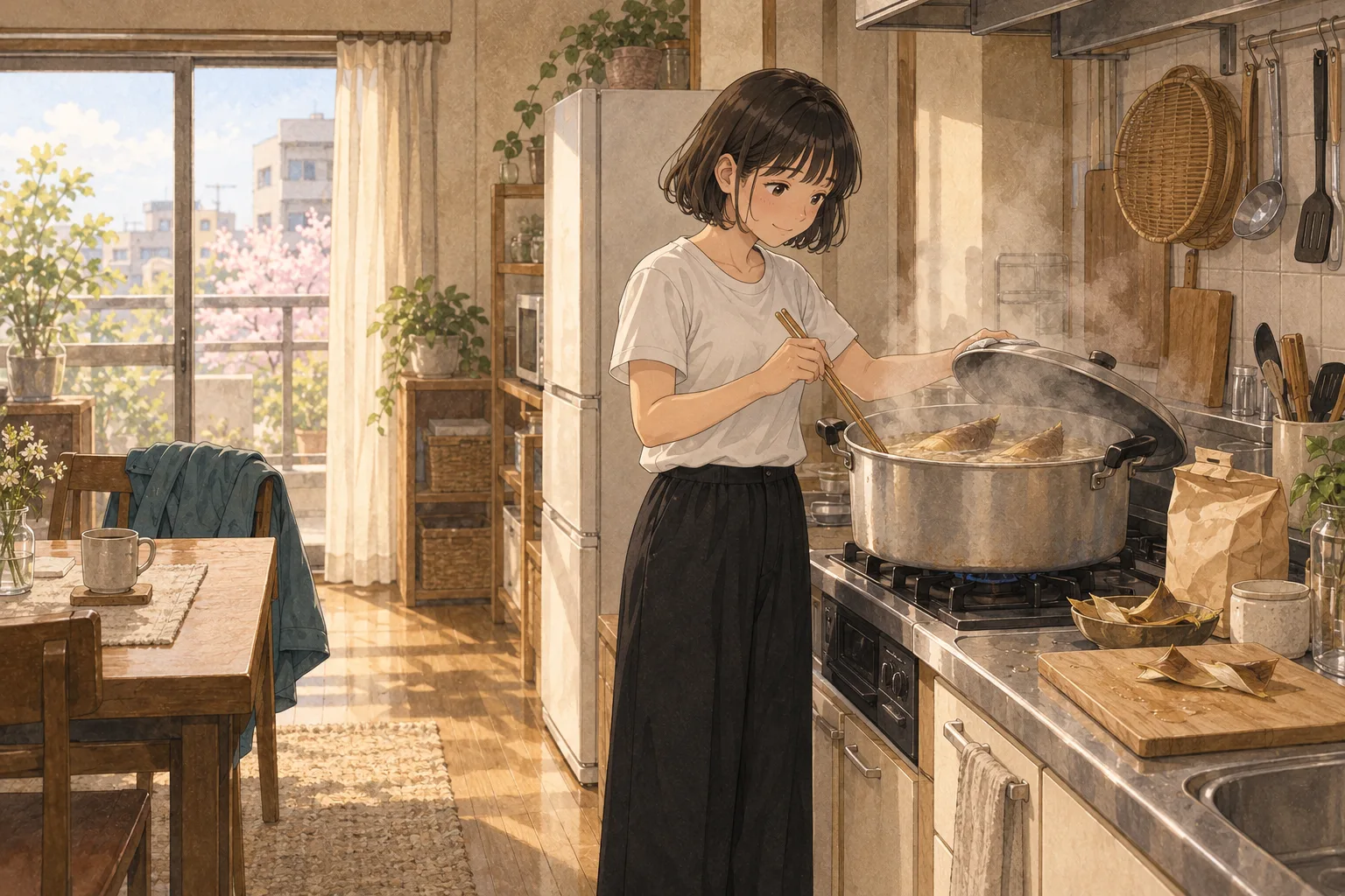 春の光が入る小さな台所で、白いTシャツ姿のミコが、たけのこを茹でる大きなアルミ鍋の湯気をのぞきこんでいる。