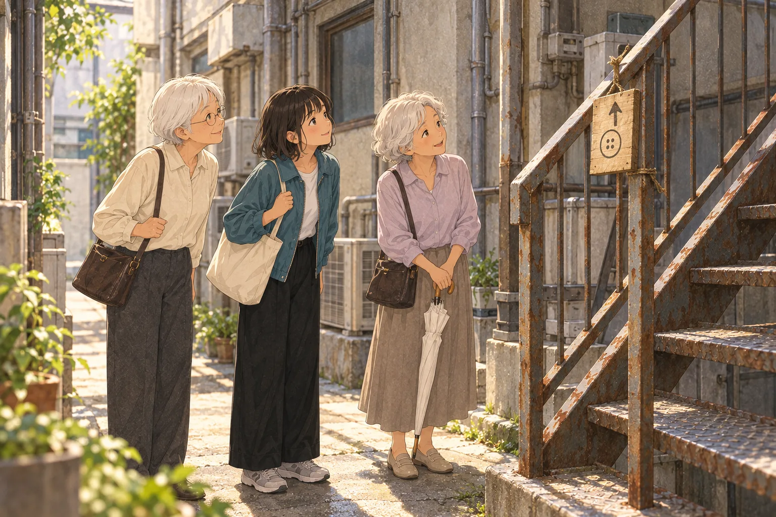 古いビルの裏の鉄階段の下で、ミコと年配の姉妹が、小さな木の案内板を見上げている。