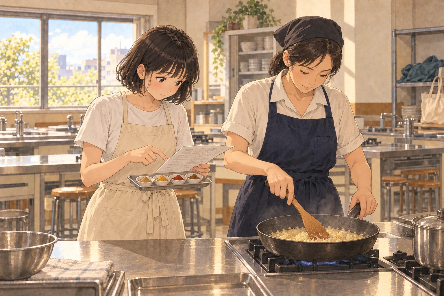炒める古賀さんの横で、ミコがレシピと、クミン使用後に残った4色のスパイスの小皿を確かめている。
