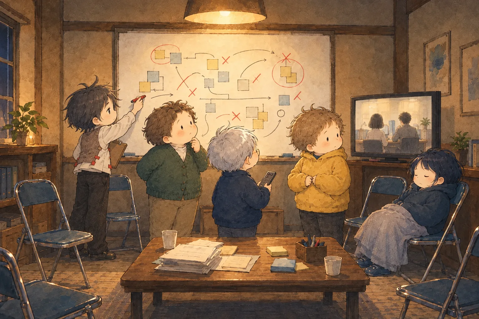 頭の中の本部で、小人5人が、机に並んで座る二人の後ろ姿を映すモニターを見つめている。