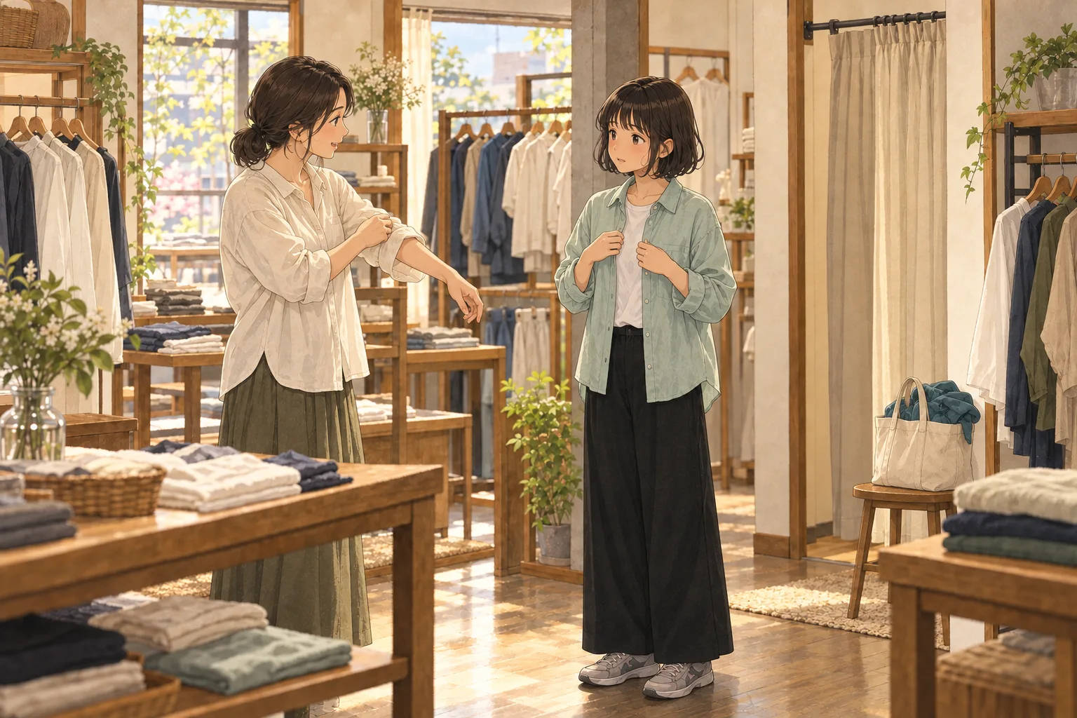 試着室の前で、安田さんが自分の袖を折って見せ、ミント色のシャツを着たミコが見ている。