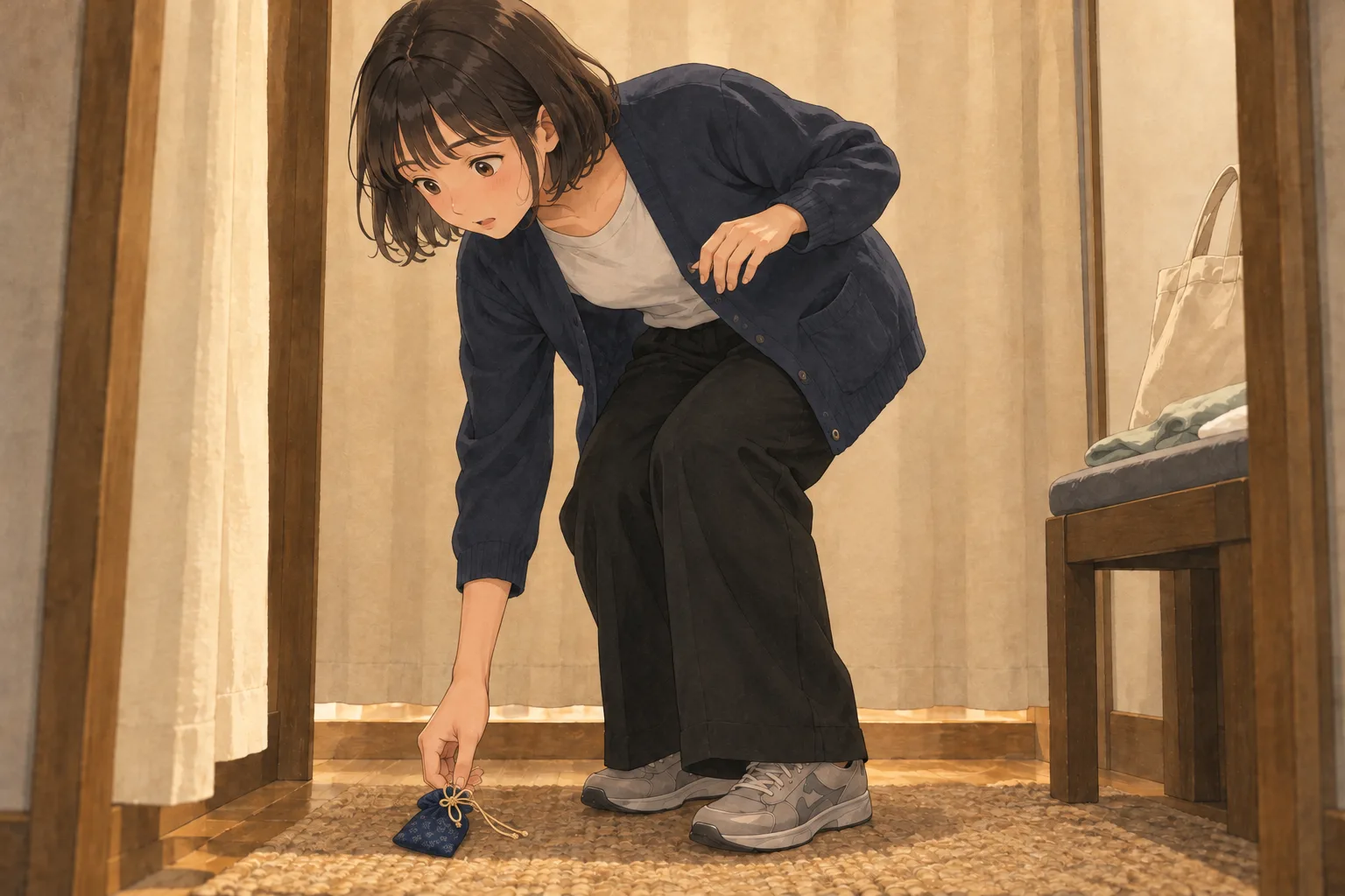 試着室で薄手の紺色カーディガンを着たミコがかがみ、床に落ちた小さな紺色のお守りを拾っている。