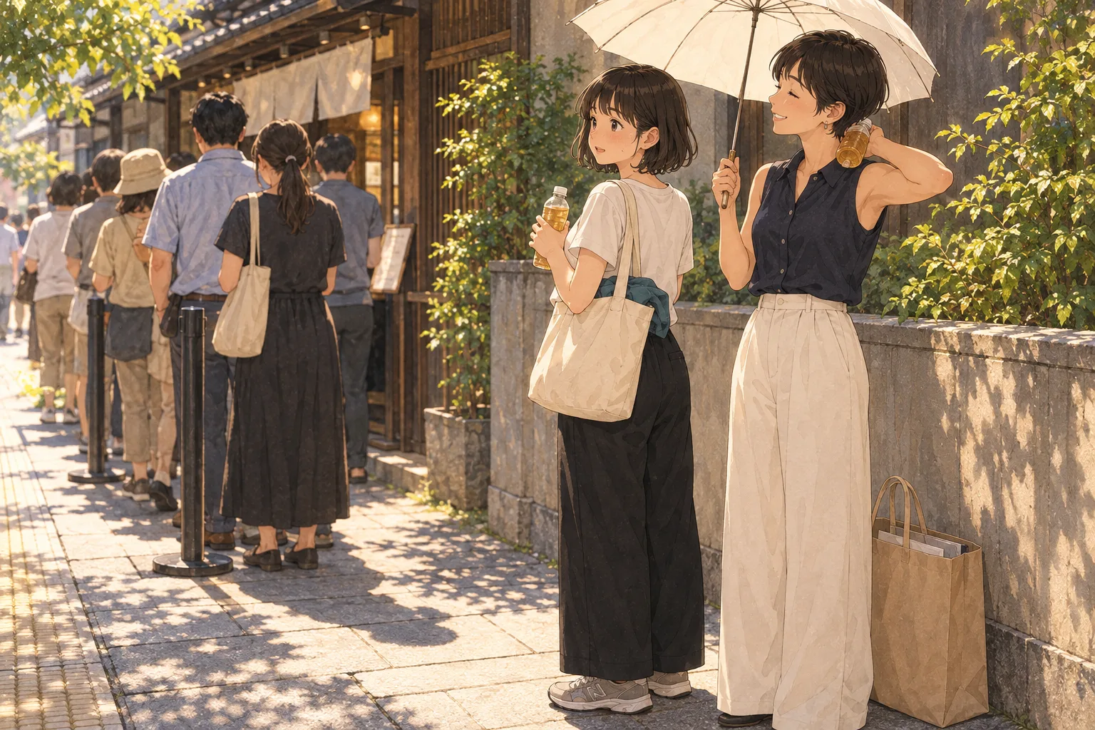 真夏の歩道の列で、ゆかりが日傘を差して冷たいお茶を首に当て、隣にミコが立っている。