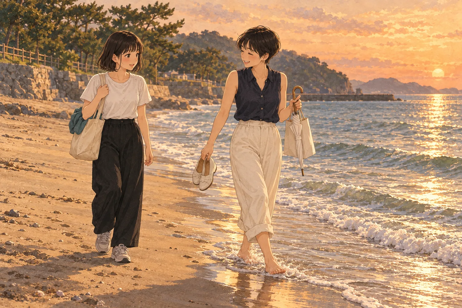 夕方の砂浜で、靴を手に波打ち際を歩くゆかりと、その少し後ろをスニーカーで歩くミコ。