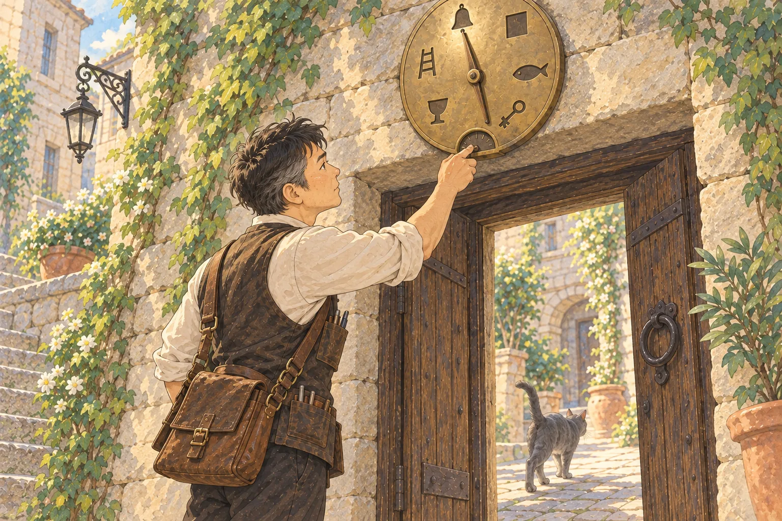 灰色の猫が扉を通るそばで、透が真鍮の文字盤の下の小さな針を拭いて確かめている。