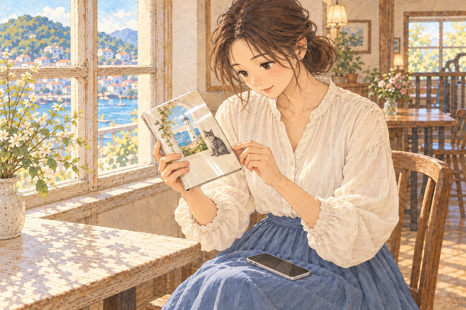 窓辺に座った夏帆が、光を反射する表紙の本の角と背の溝を近くで確かめている。