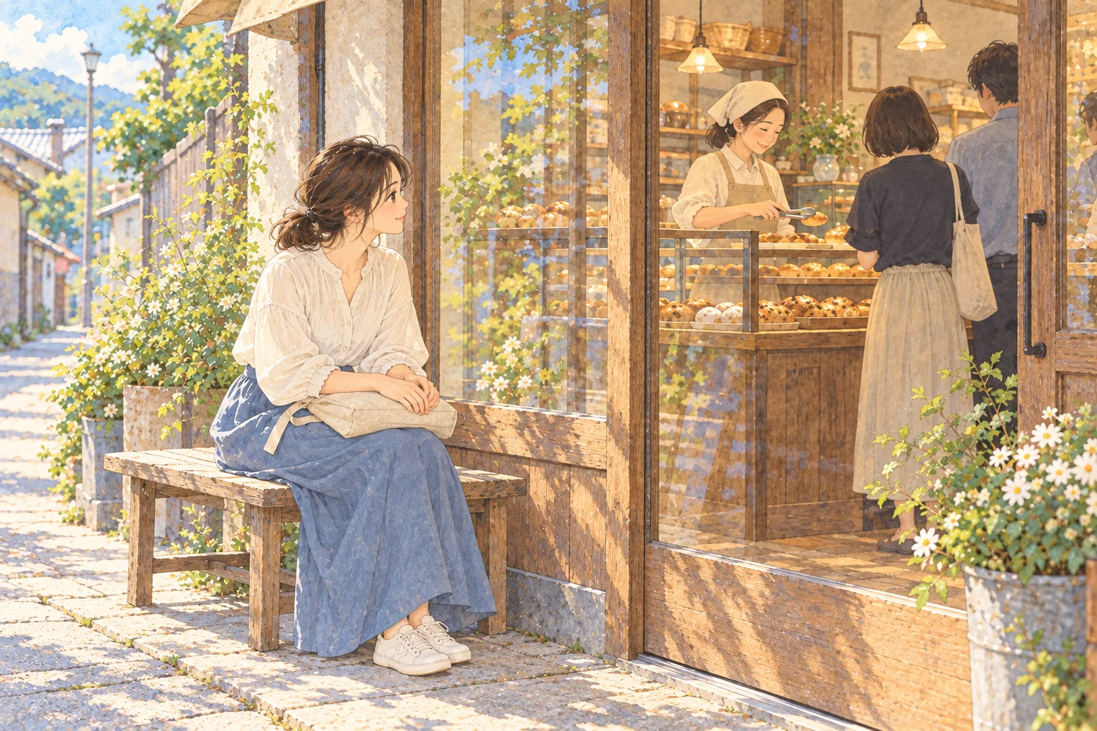 昼の路地で、夏帆が布の袋を膝に置いてパン屋の前のベンチに座り、店の中を見ている。