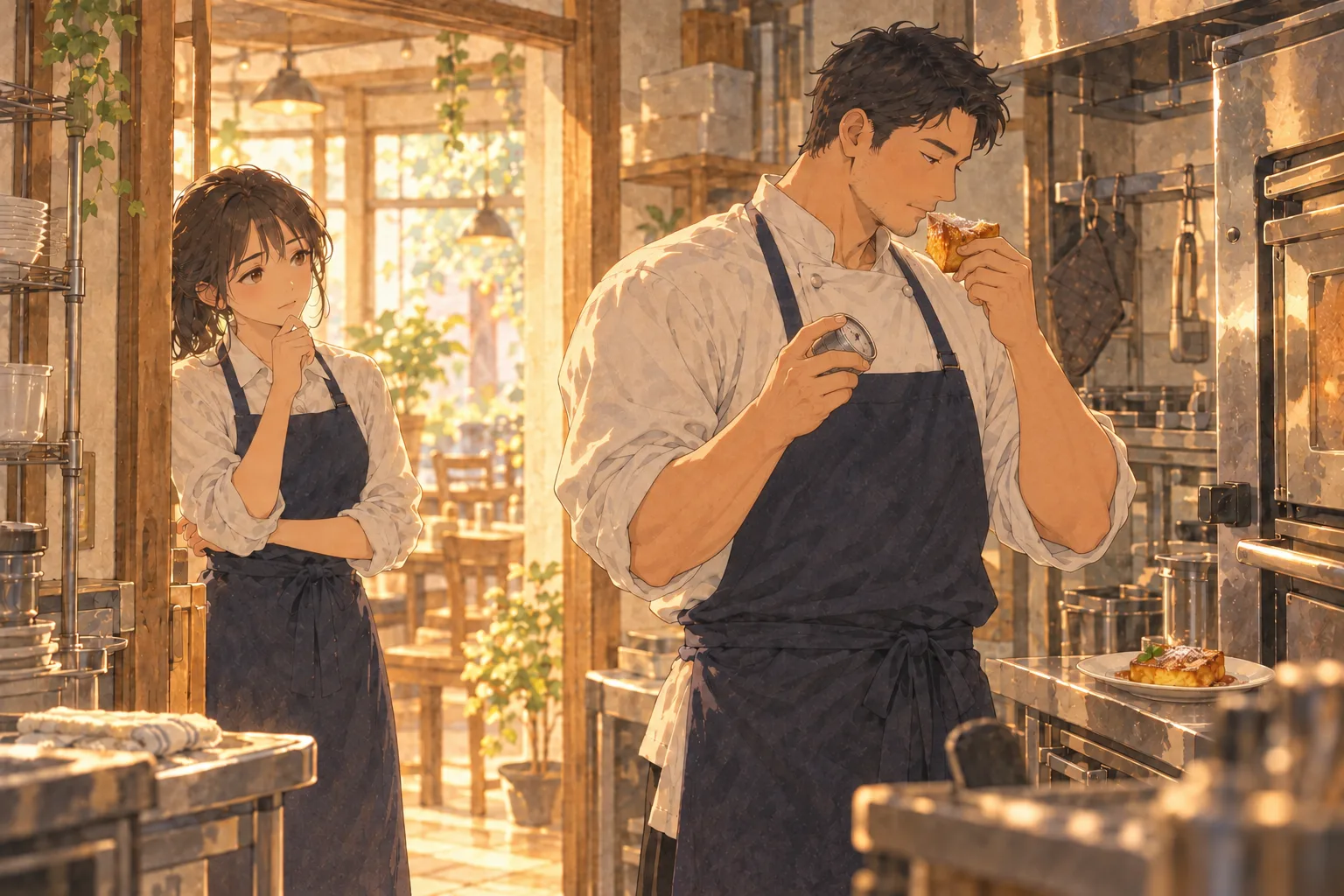 オーブンの前でタイマーを確認しながら、左手のフレンチトーストを食べる真壁と、入口から見ている結。