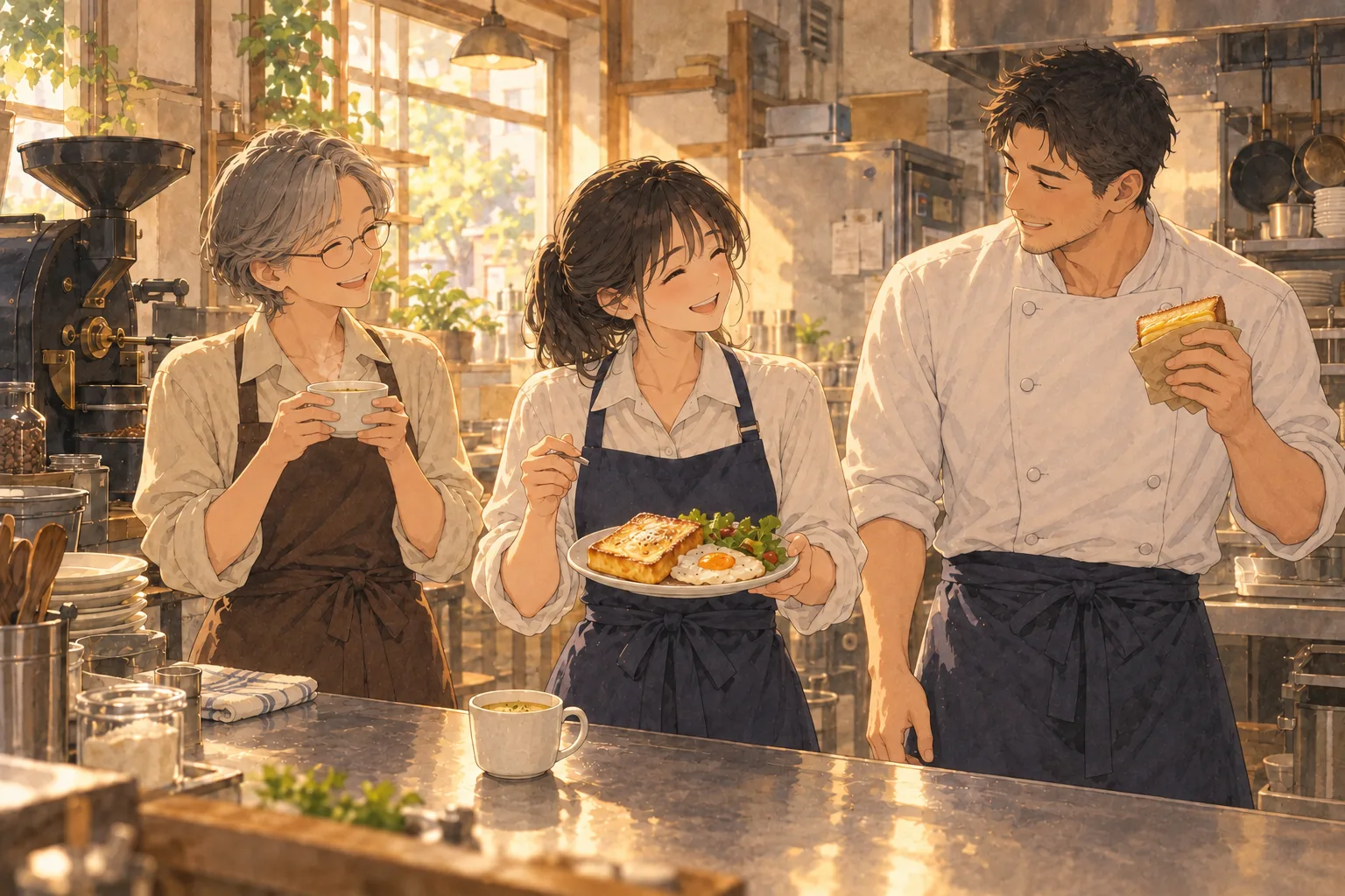 調理場のカウンターに立つ三人。一人はサンドイッチ、一人は小さな湯のみ、一人は皿を持っている。