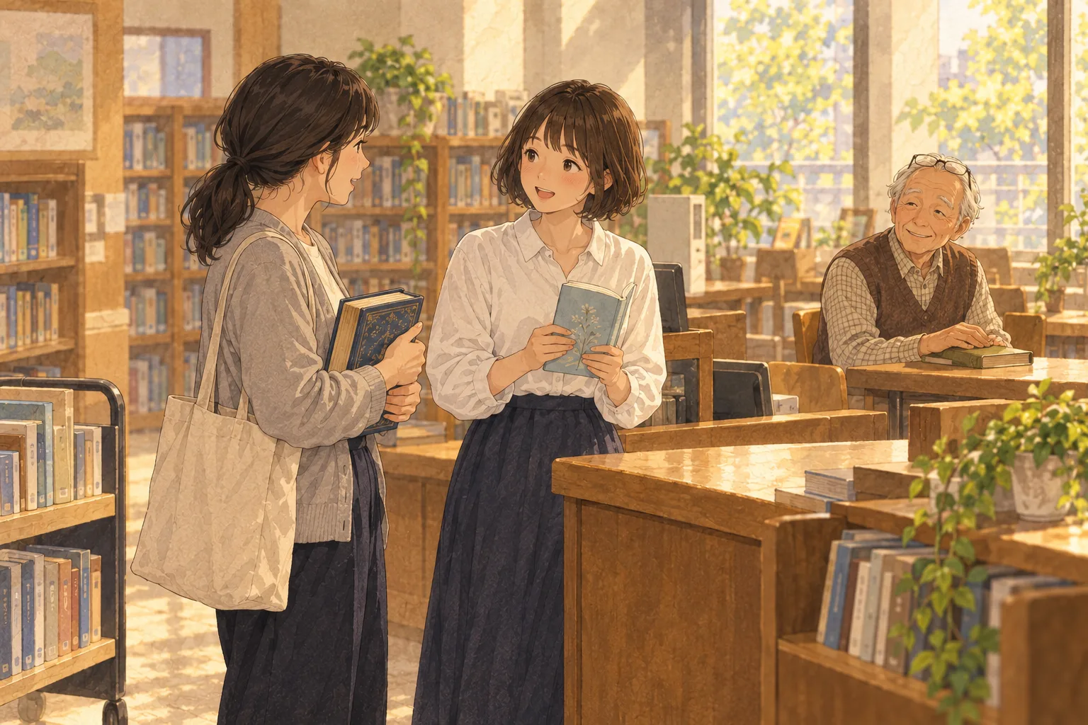 図書室の返却口の前で本を持って話す二人の女性と、窓際の席から振り向く白髪の男性。