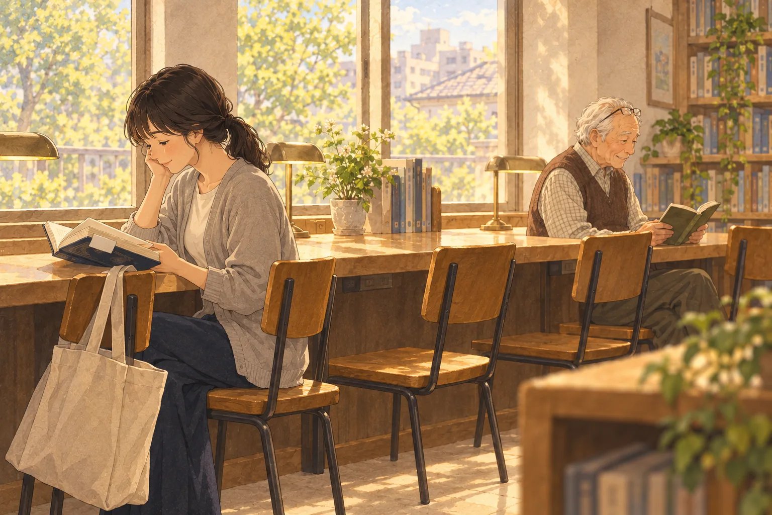 土曜の朝の図書室の窓際で、女性が一人で厚い本を開いて読んでいる。少し離れた席で年配の男性も本を読んでいる。