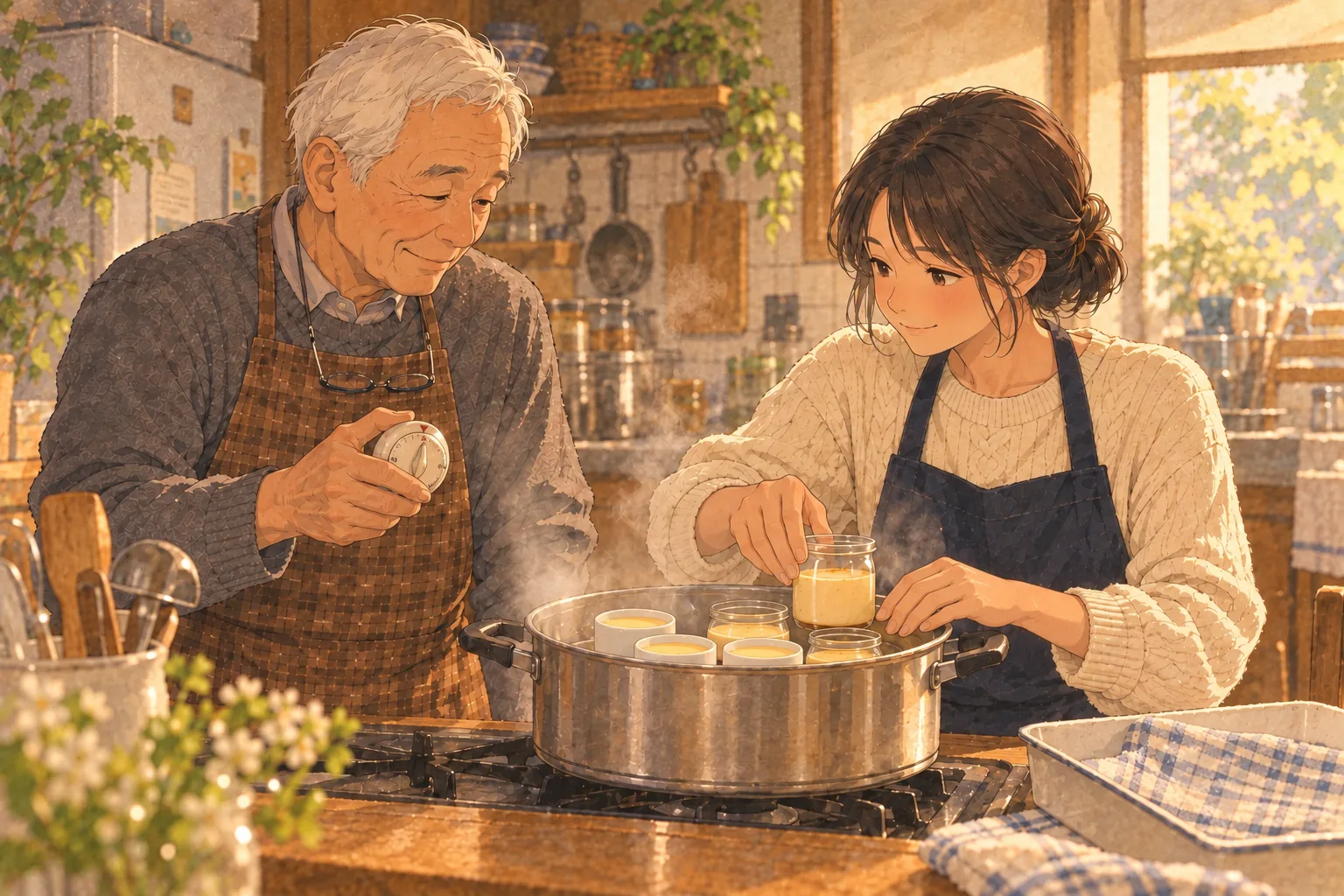 湯気の立つ蒸し器の前に並んで立つ父と娘。父は古いキッチンタイマーを持ち、娘はガラス瓶を並べている。