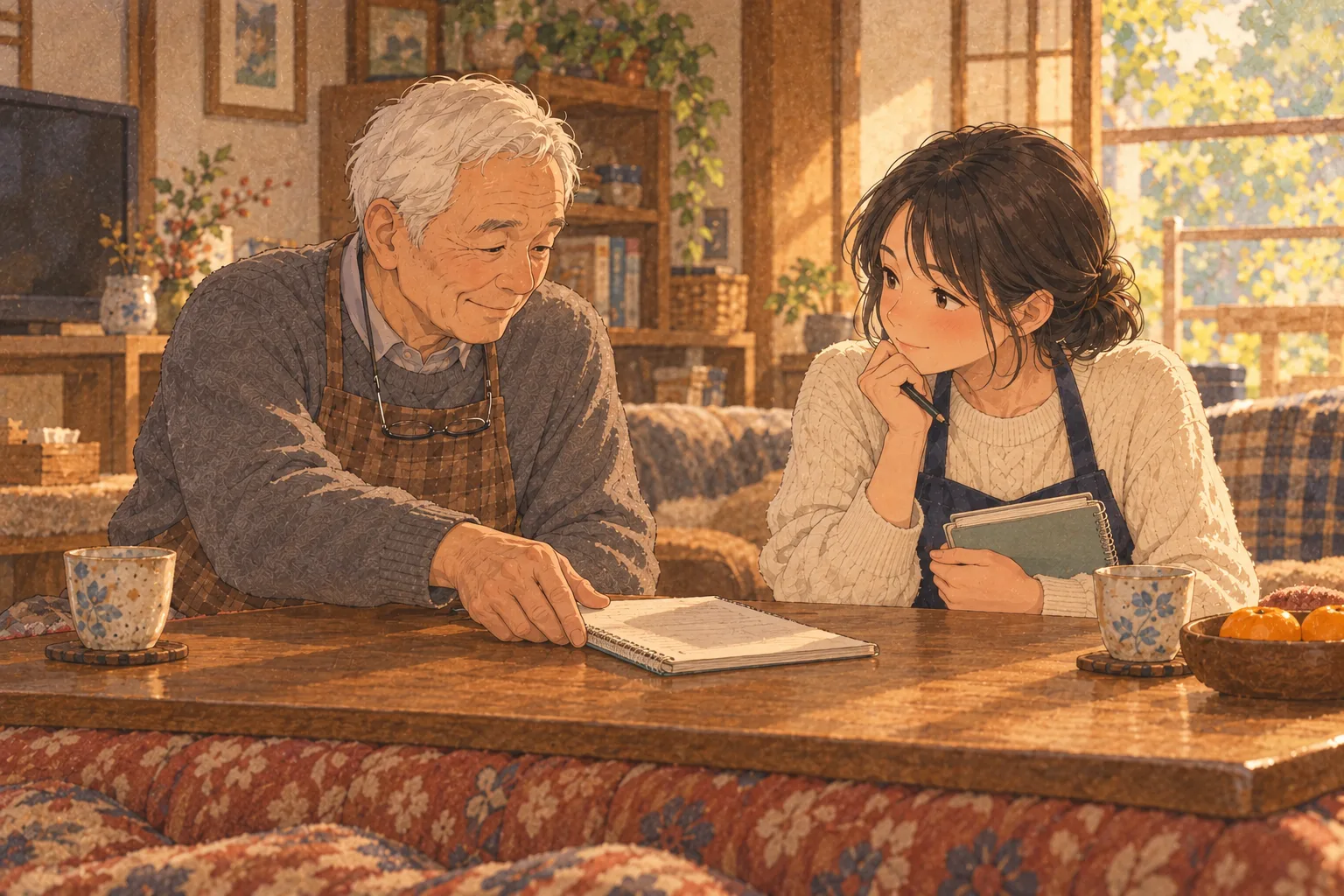 こたつを挟んで、年配の男性が古いノートを差し出し、娘が自分の小さな手帳を手にそれを見ている。