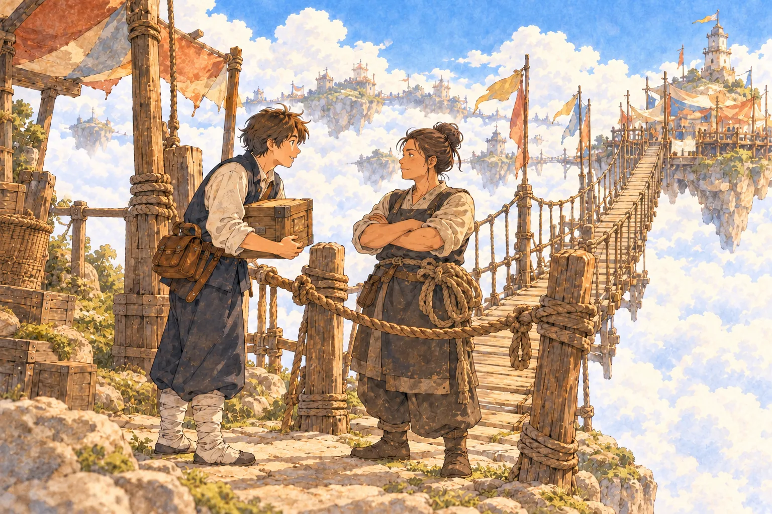 雲の筏をつなぐ綱の橋の前で、腕を組んだ女性の番人と、木箱を抱えた若者が向き合っている。
