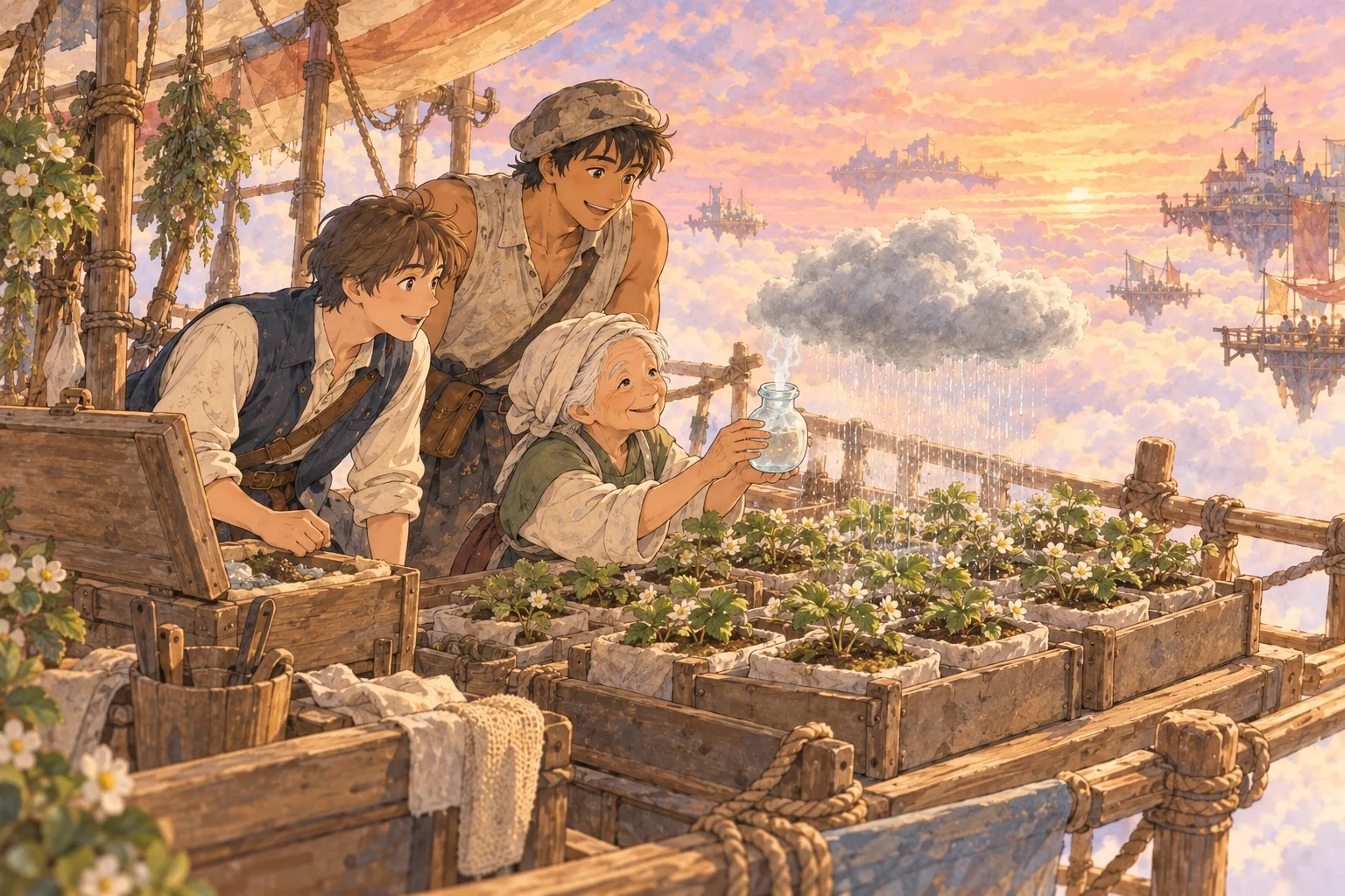 夕方の筏の上で、年配の女性がガラス瓶に手を当て、小さな雲が鉢植えの苗に雨を降らせている。