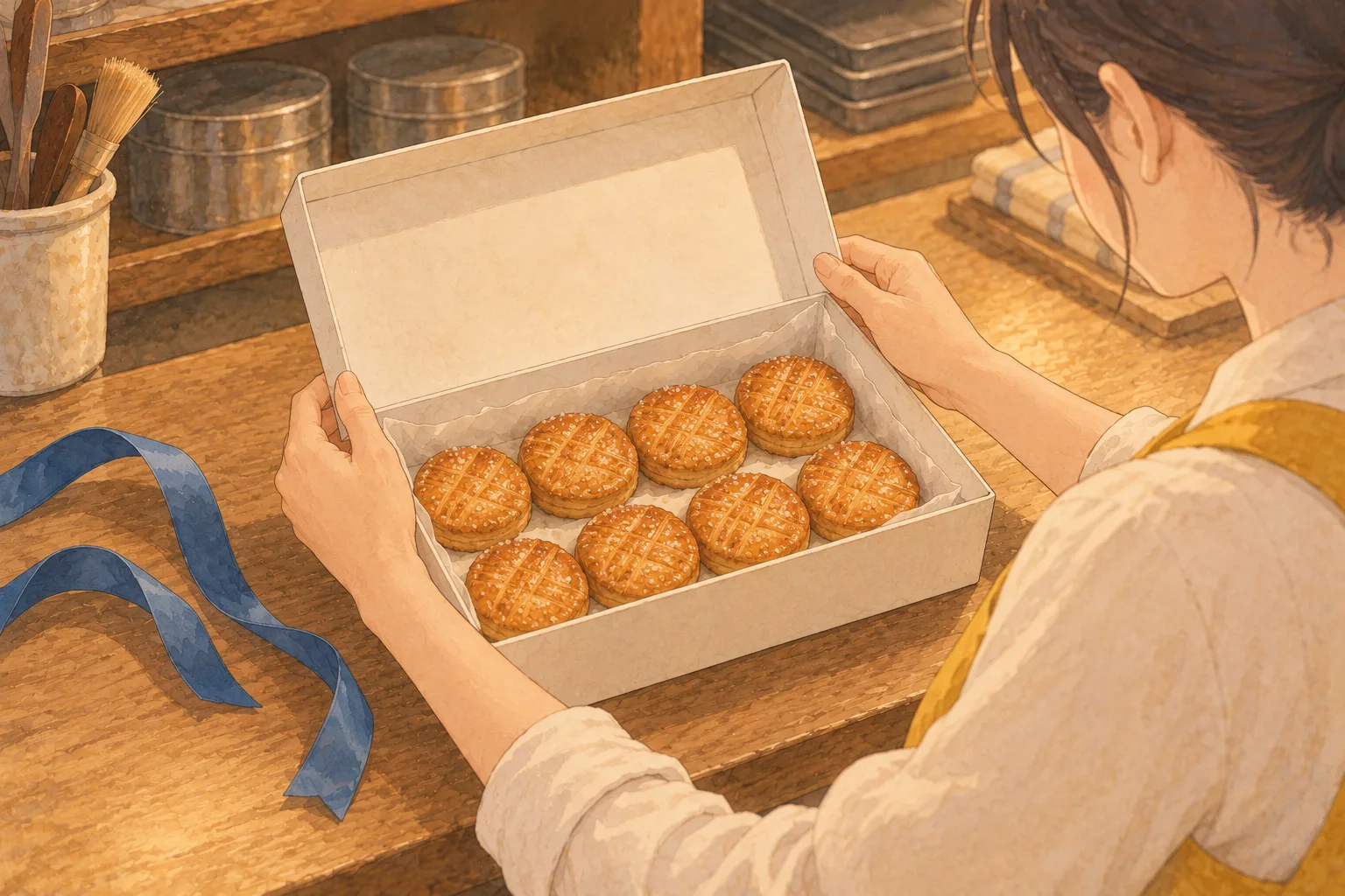 白い小箱に、格子模様の丸い焼き菓子を二列に並べる手元。