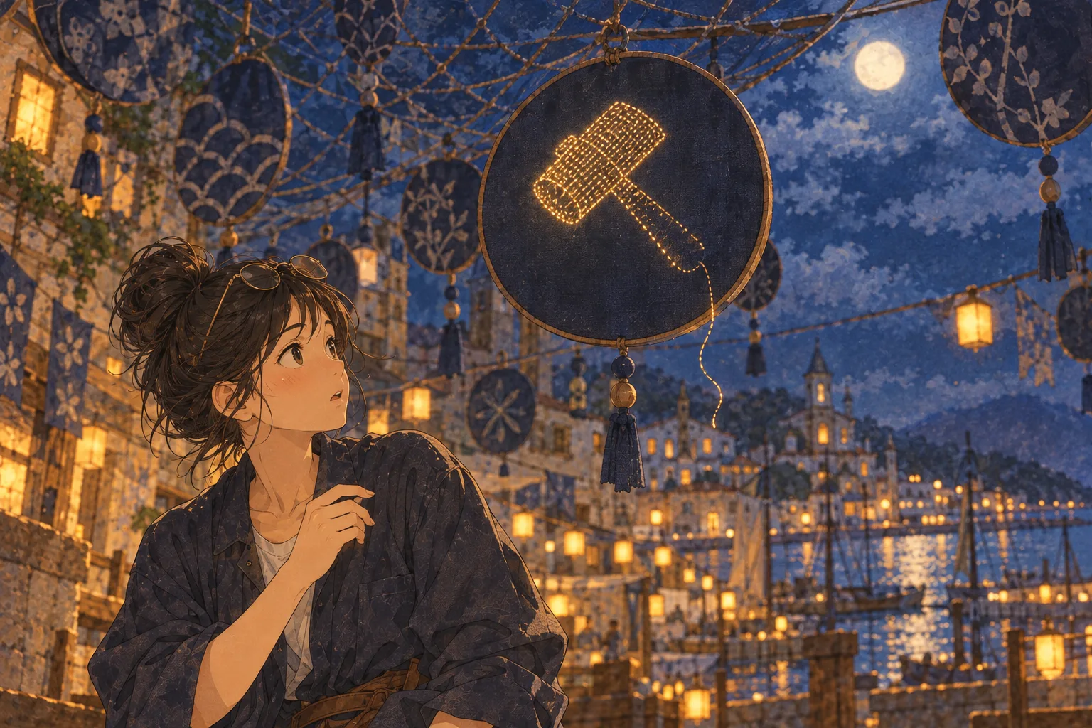 夜の広場の網の下で、光る糸で縫われた金槌の飾りから、糸が一本ほどけて垂れ下がっている。