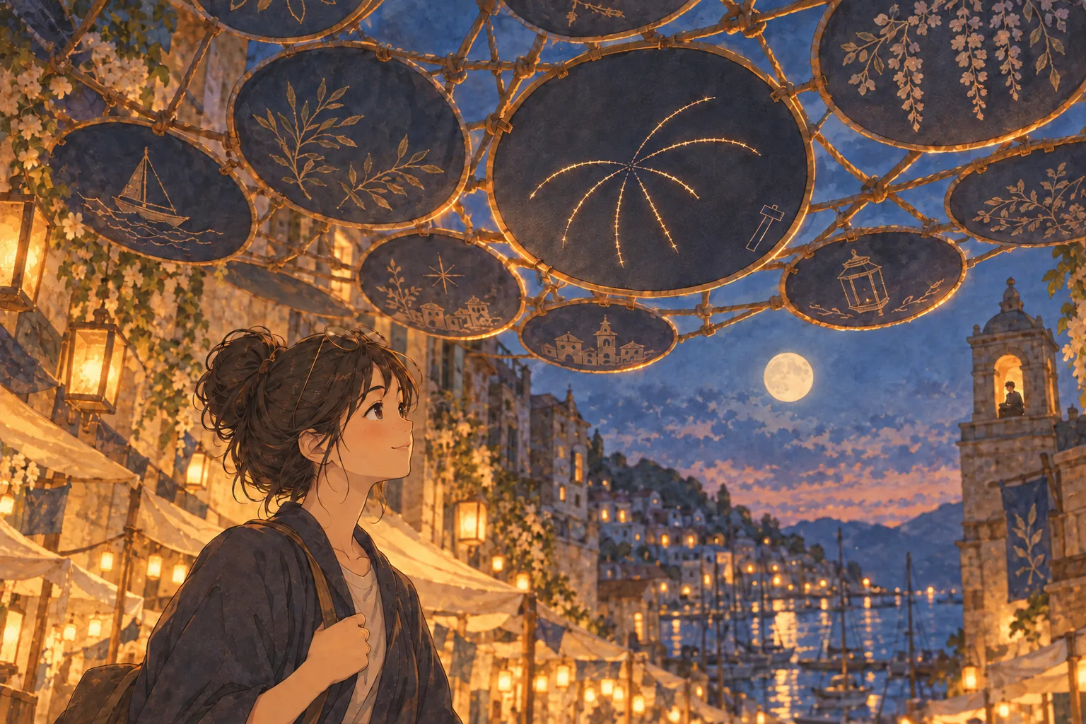 月の昇る港町の広場の上空に、光る飾りがたくさん吊るされ、東の端に火花の形の飾りが光っている。
