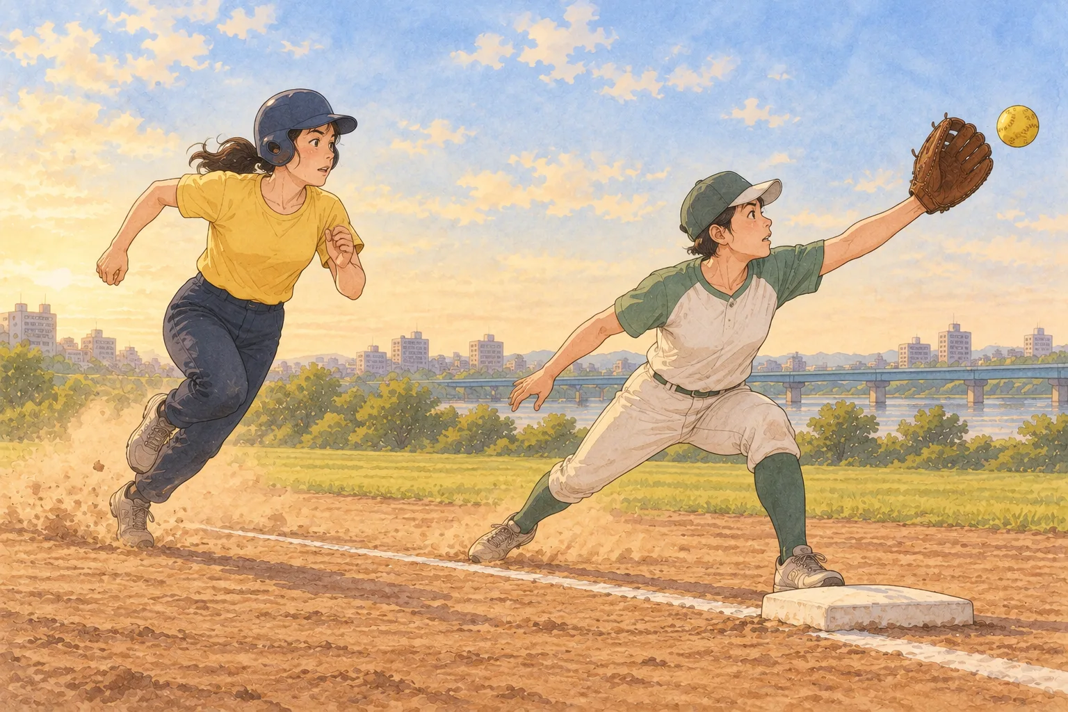 ソフトボールの試合で、黄色いユニフォームの女性が一塁ベースへ全力で走り込み、一塁手がボールを受けようとしている。