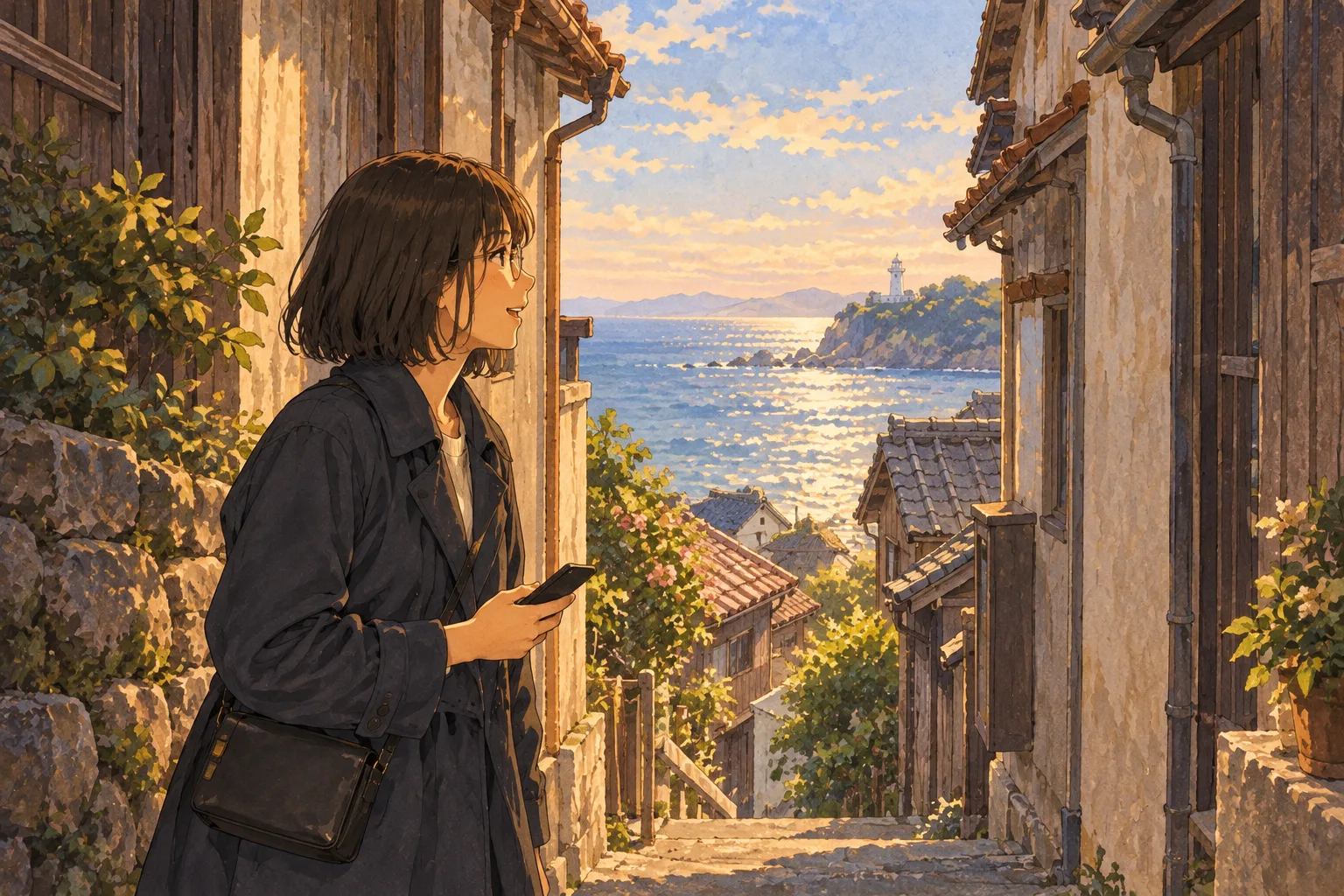 古い家の並ぶ細い路地で、女性が家と家のあいだの隙間から、遠くの海と白い灯台を見ている。
