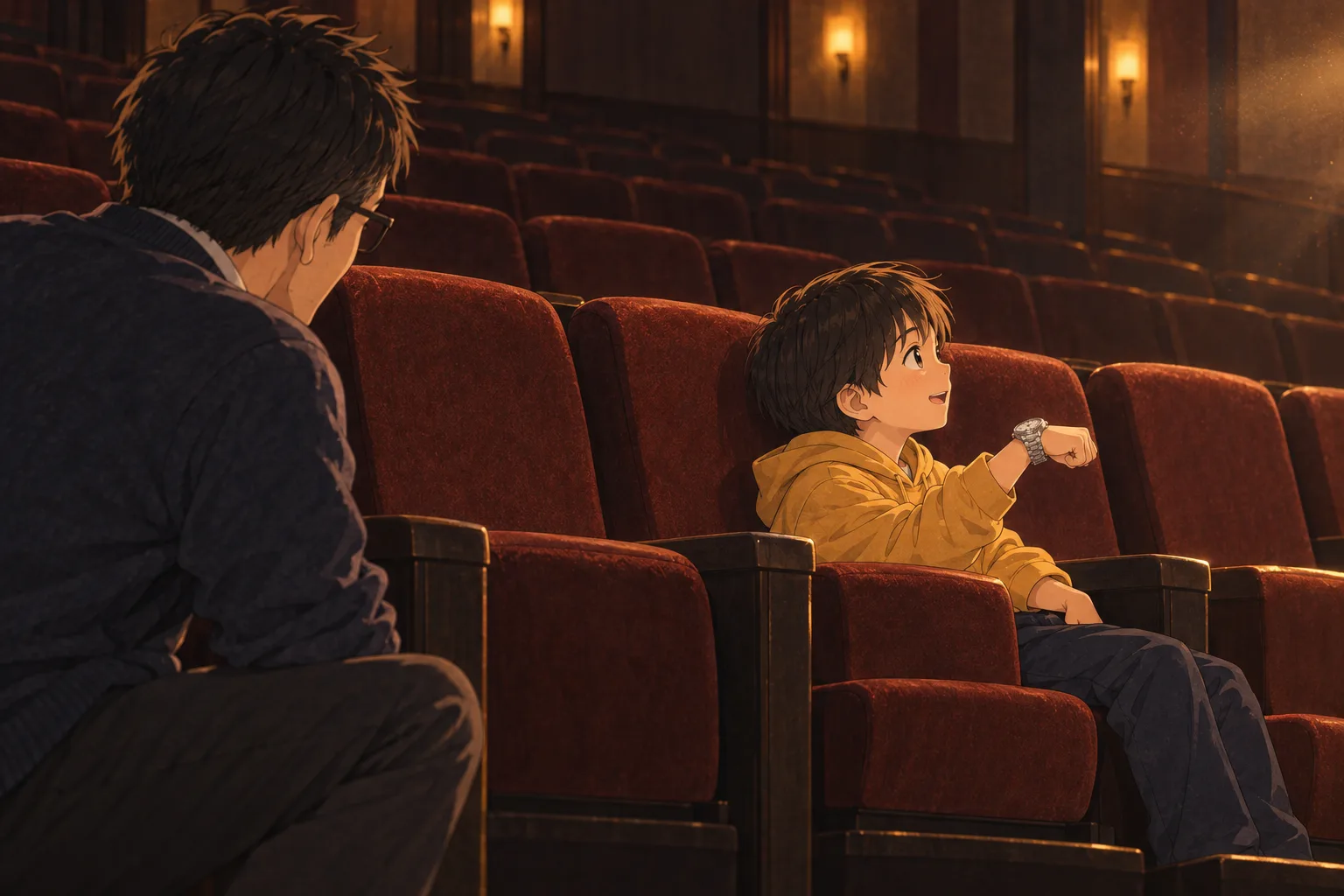 壁ぎわの通路にしゃがむ河合と、左腕の大きな時計をかざして映画を見る律。