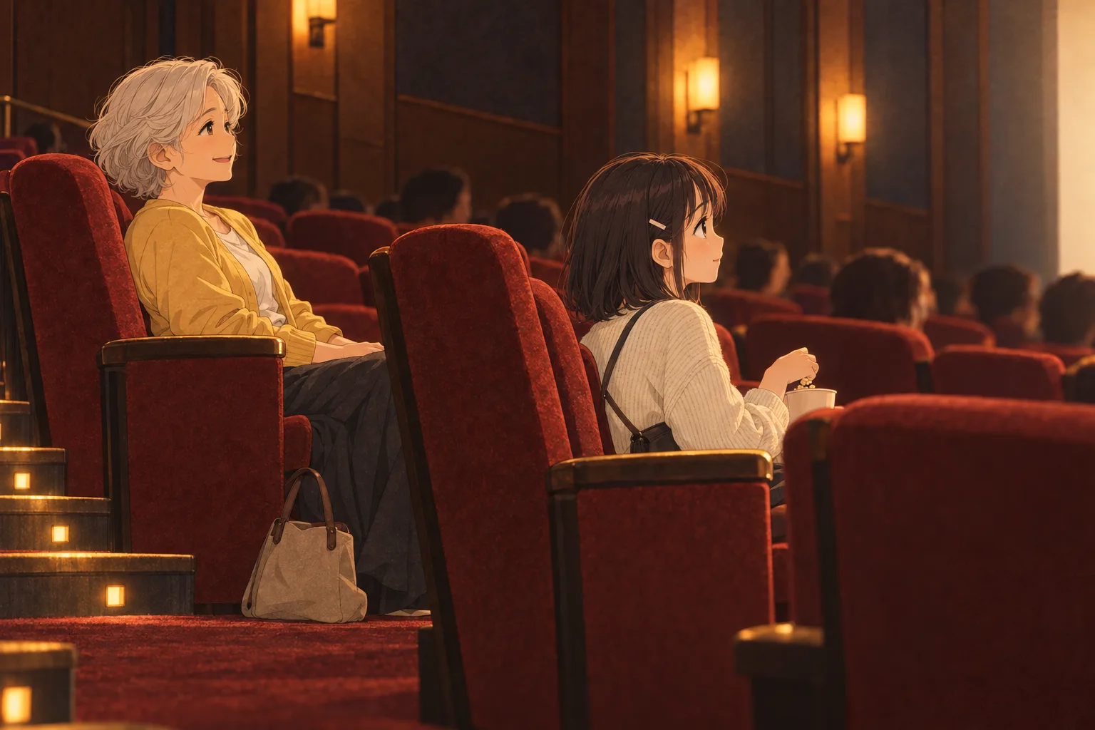 左端の前後の席で、映画に見入る澄江と生成りのセーターを着たひより。