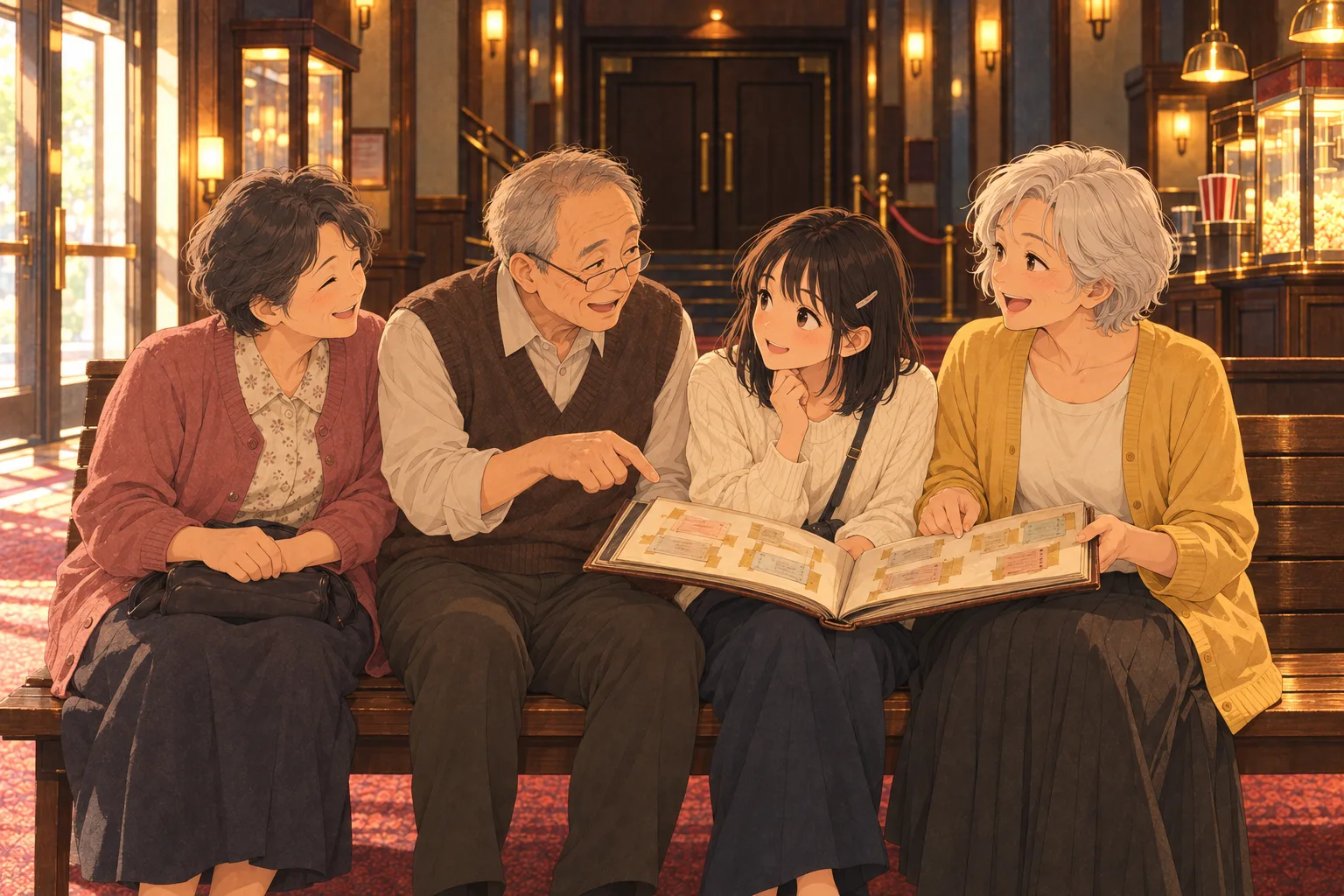 上映後のベンチで半券帳を広げ、昔の映画館の話を聞く澄江、ひより、クリーニング店の夫婦。