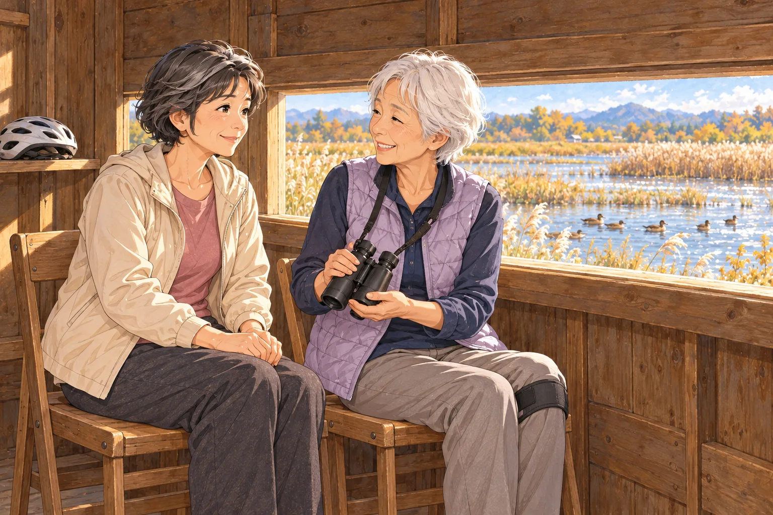 木造の観察小屋で、双眼鏡を持つ白髪の園田と笑い合う芳江。窓の外に茶色いカモが浮かぶ。