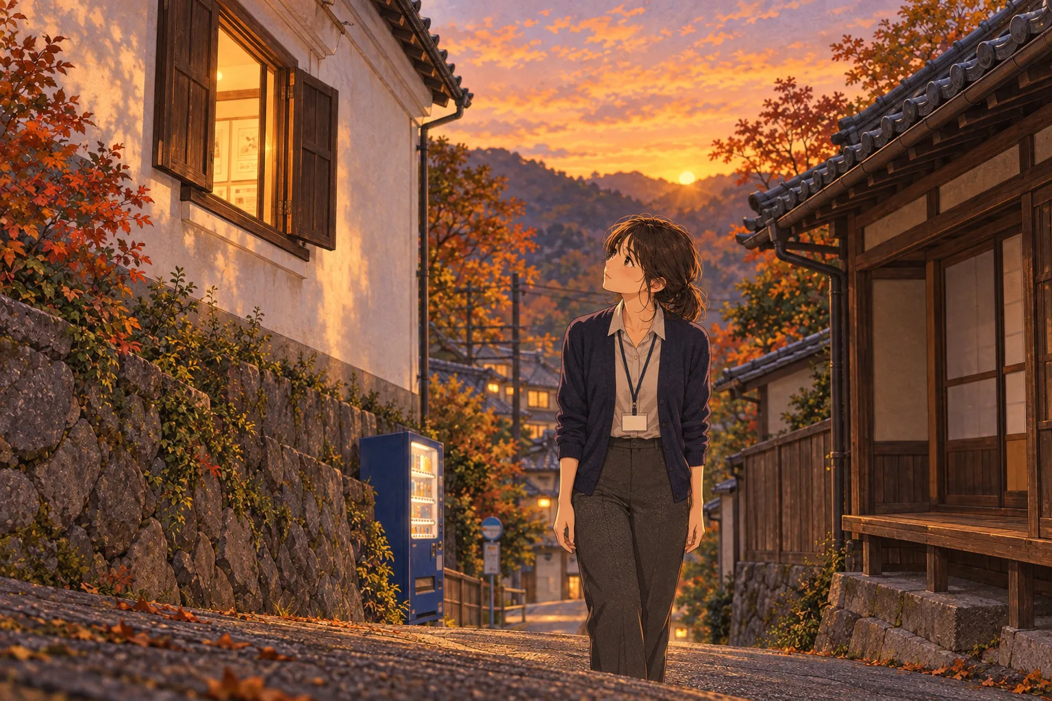 資料館の裏の坂で、開いた窓から届く音に耳を澄ます千晴。向かいに縁側、坂下に自販機がある。