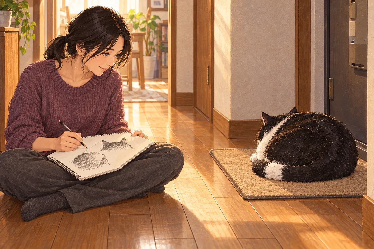 朝の廊下でスケッチブックを広げる千尋と、玄関マットで背を向けて丸くなる白黒猫の親方。