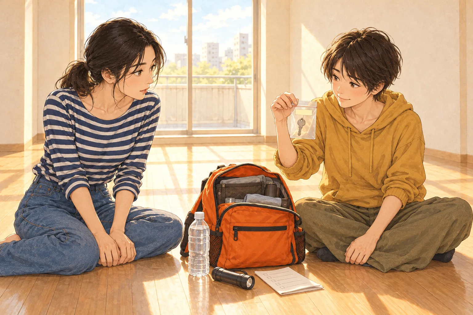 空いた部屋の床で、オレンジの防災リュックから予備鍵の袋を見つけたみのりと、驚く亜紀。