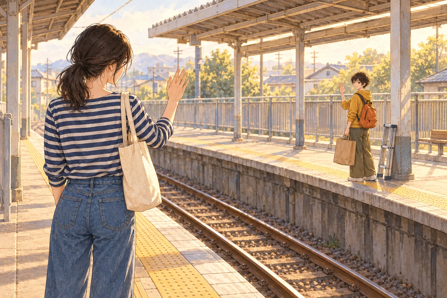 線路を挟んだホームで手を上げて別れる二人。みのりの傍らに脚立、手に土鍋の紙袋、背中にオレンジのリュックがある。