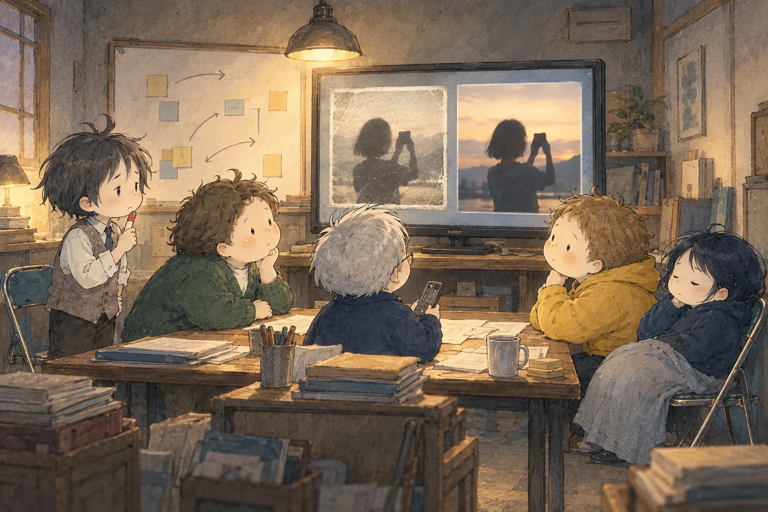 頭の中の本部で、既存の小人5人が、新旧二つの撮影者の影のイメージを見つめる。
