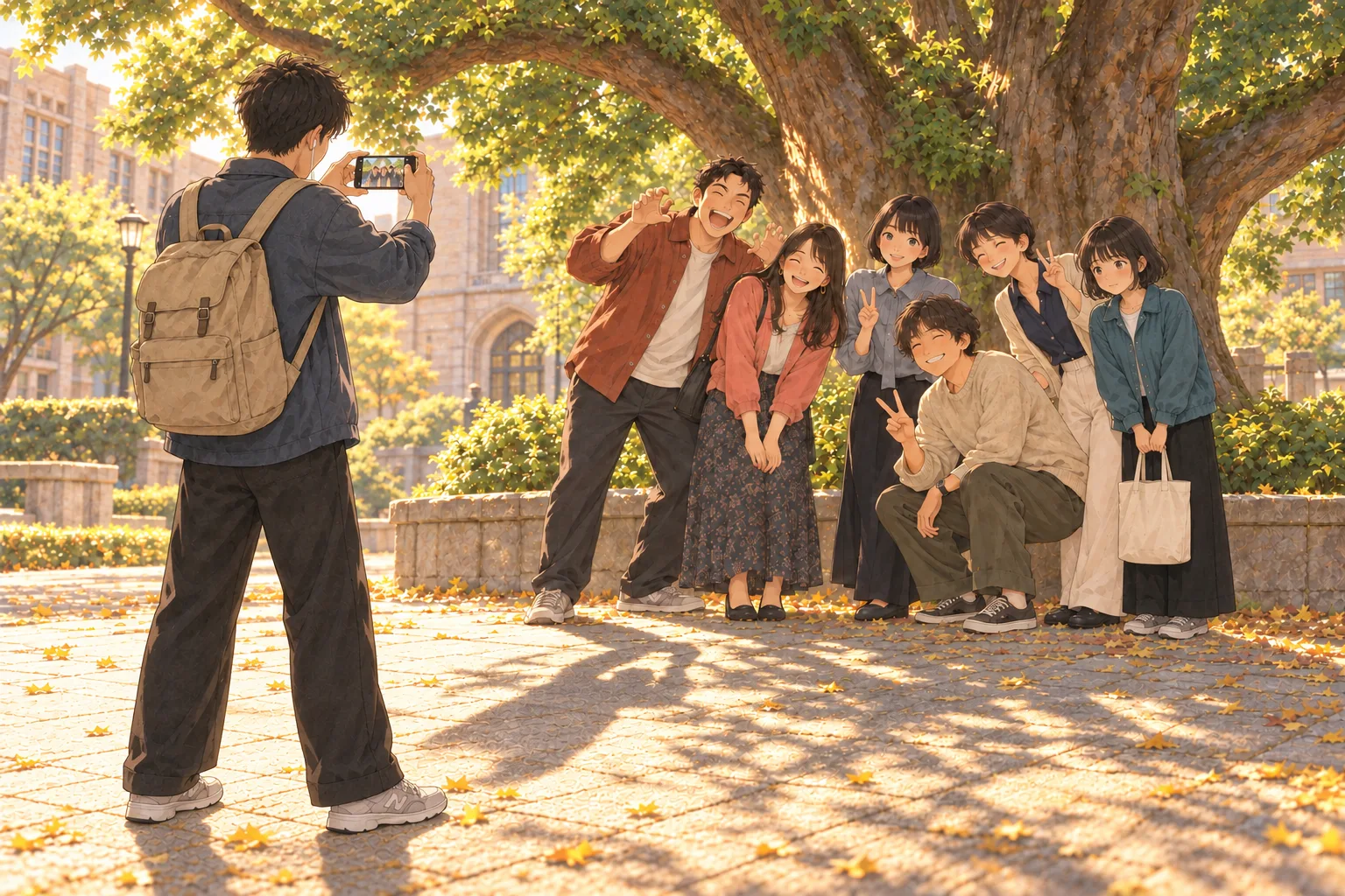 学生が同期6人を撮影する。右端でミコがゆかりの隣に立ち、トートの持ち手を握って笑っている。