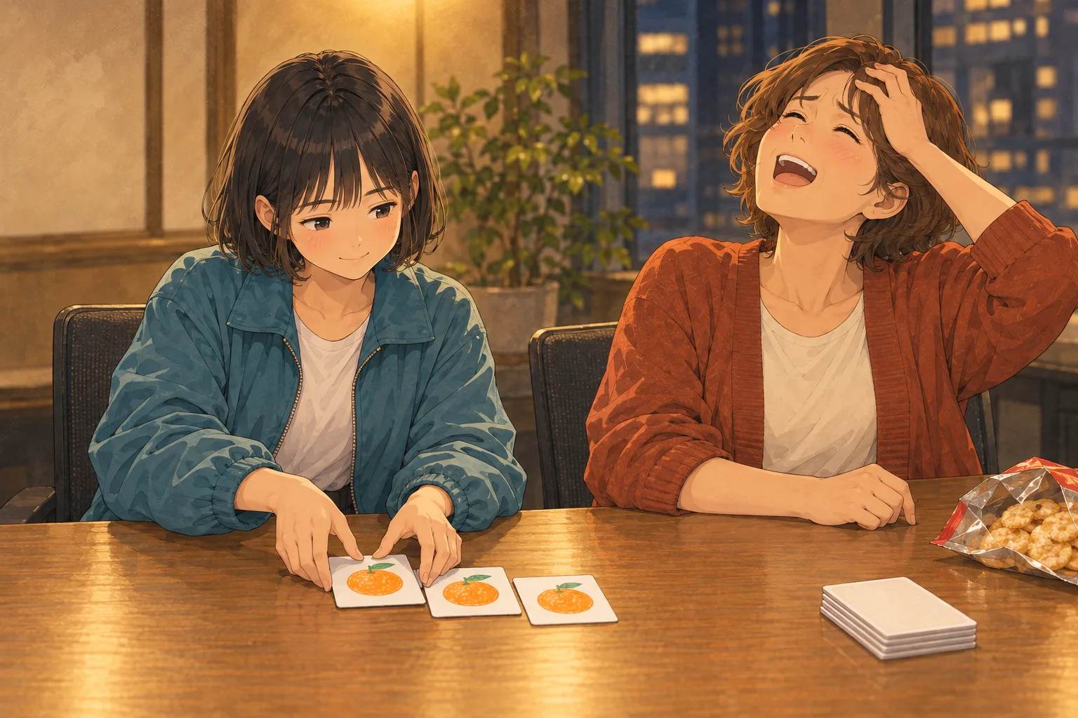 みかんの札3枚を集めるミコと、天井をあおいで大げさに悔しがる北島。