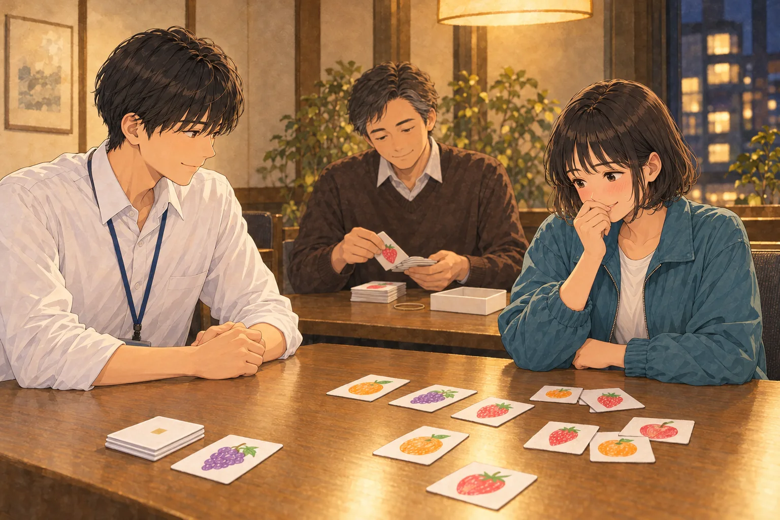 笑う瀬戸と、悔しさ交じりに笑うミコ。後ろで村井が果物カードを数えて片付けている。