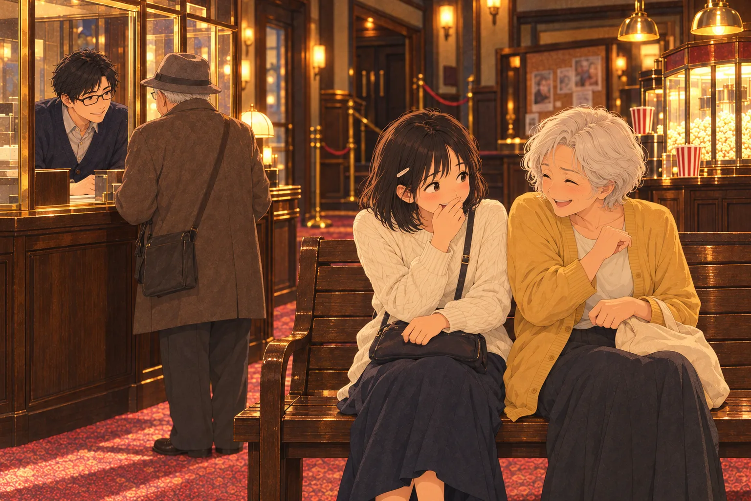 映画館のロビーのベンチで、白髪の女性の隣に座った女の子が口元を押さえて笑う。奥の受付では眼鏡の男性が帽子の客に応対している。
