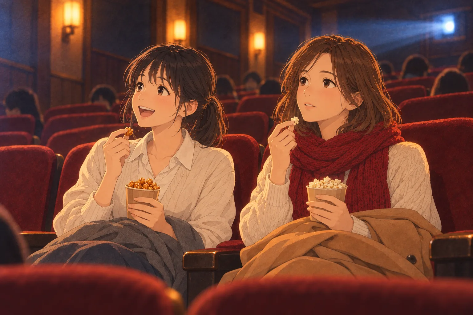 映画館の暗い客席で、キャラメルのカップを持つ黒髪の女性が笑い、隣の栗色の髪の女性は静かに塩のポップコーンを食べている。