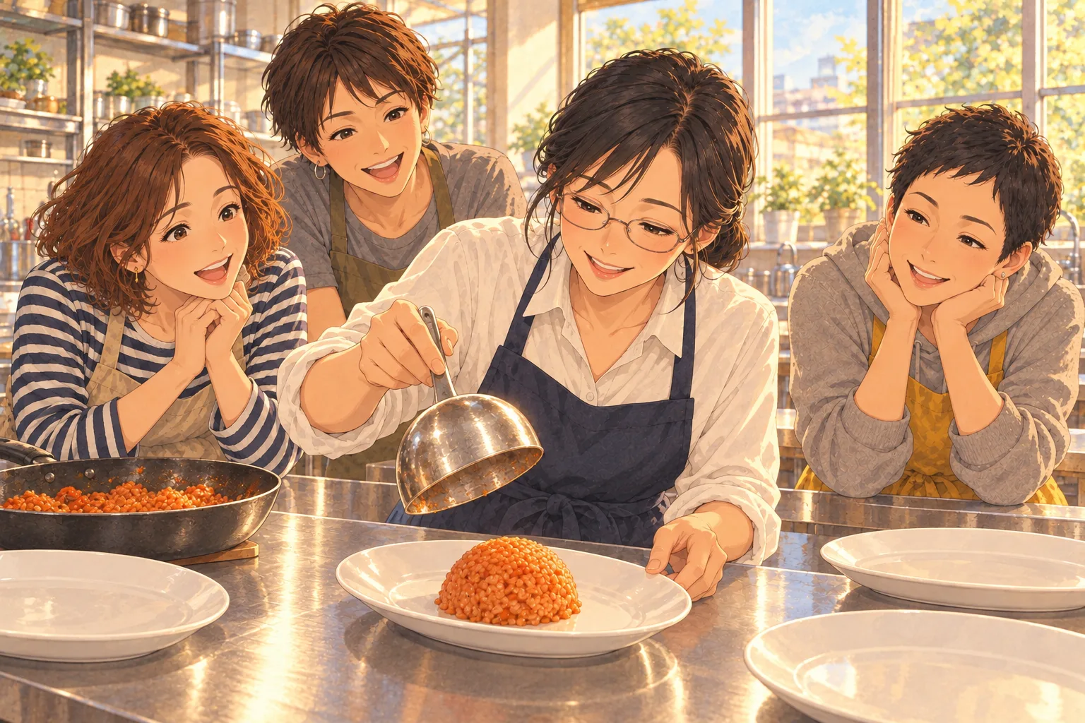 眼鏡の女性がおたまを持ち上げると、白い楕円皿に丸いチキンライスが現れる。友人3人が驚いた顔でのぞき込む。