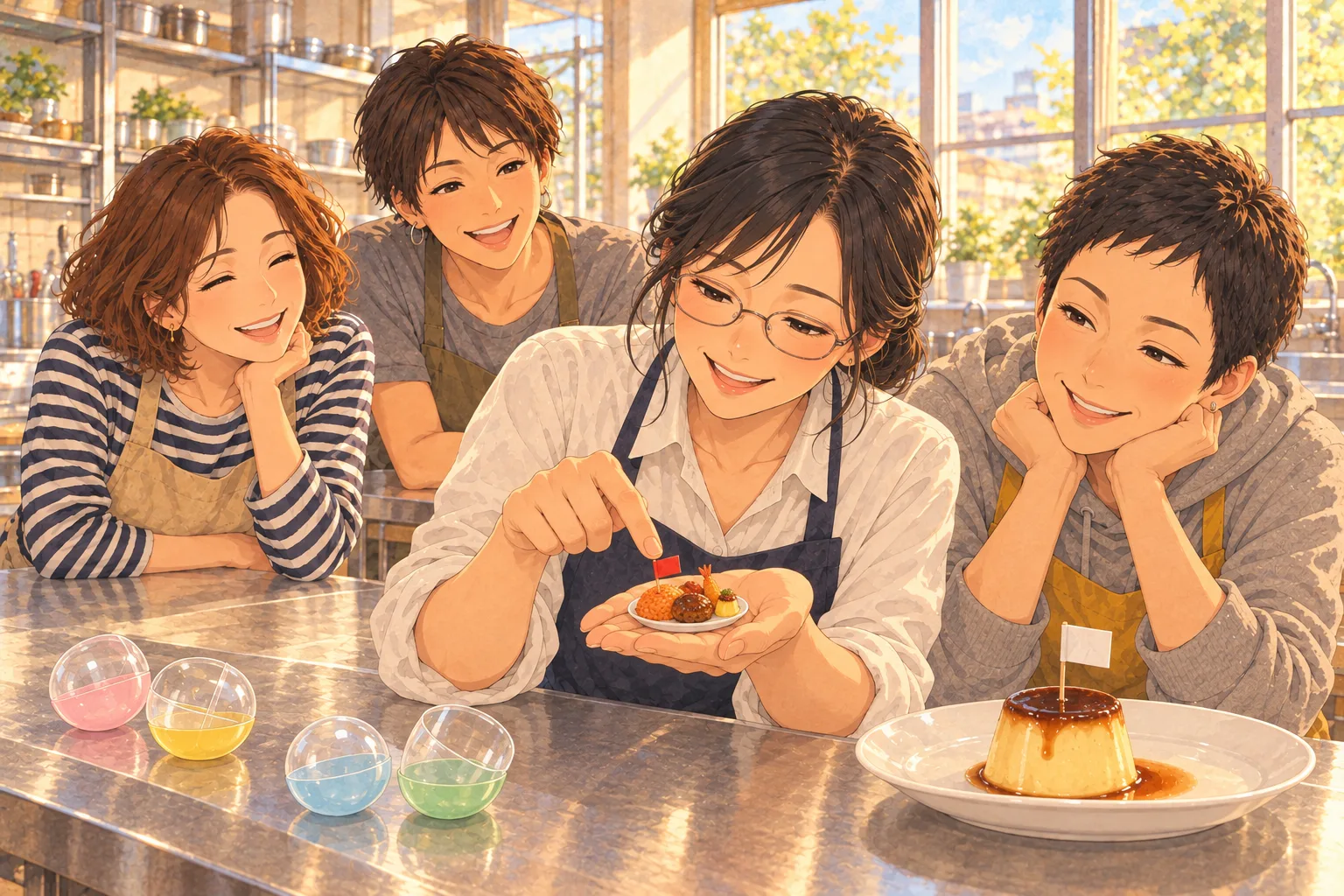手のひらの小さなお子さまランチの模型を見せる女性と友人たち。台の上には白旗を立てたプリンと4個のカプセルが並んでいる。