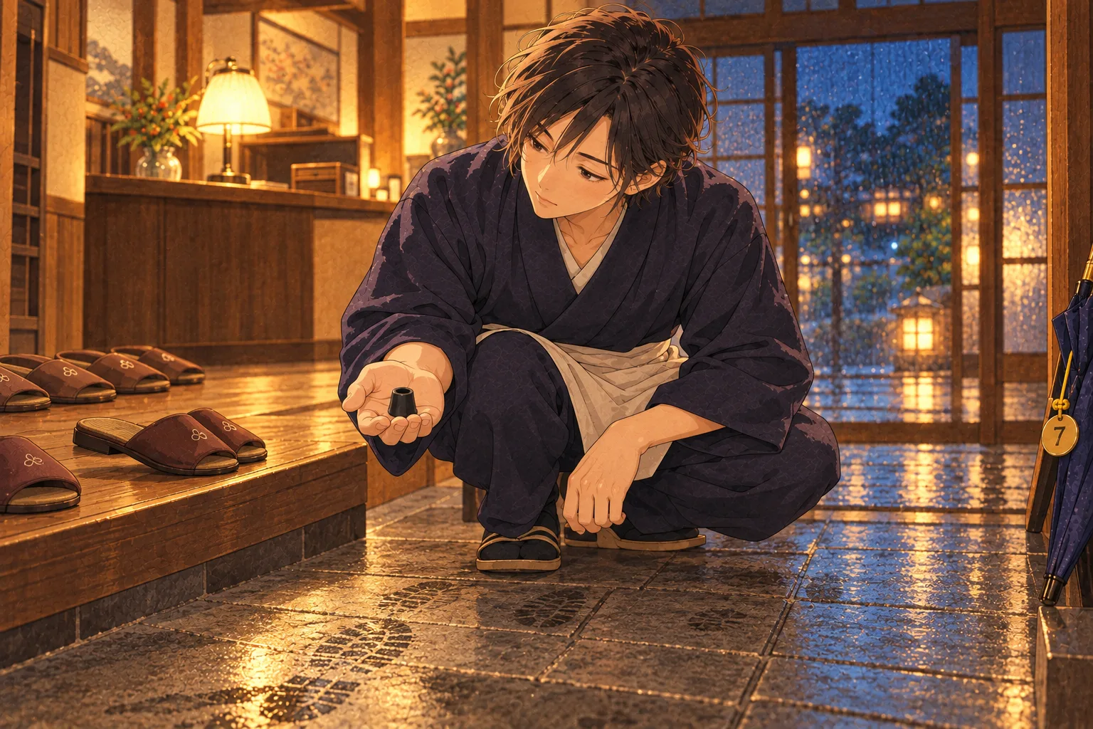 宿の土間にしゃがんだ紺の制服の夜番が、小さな黒いゴムの部品を手に、湿った靴跡と向きの違うスリッパを見ている。