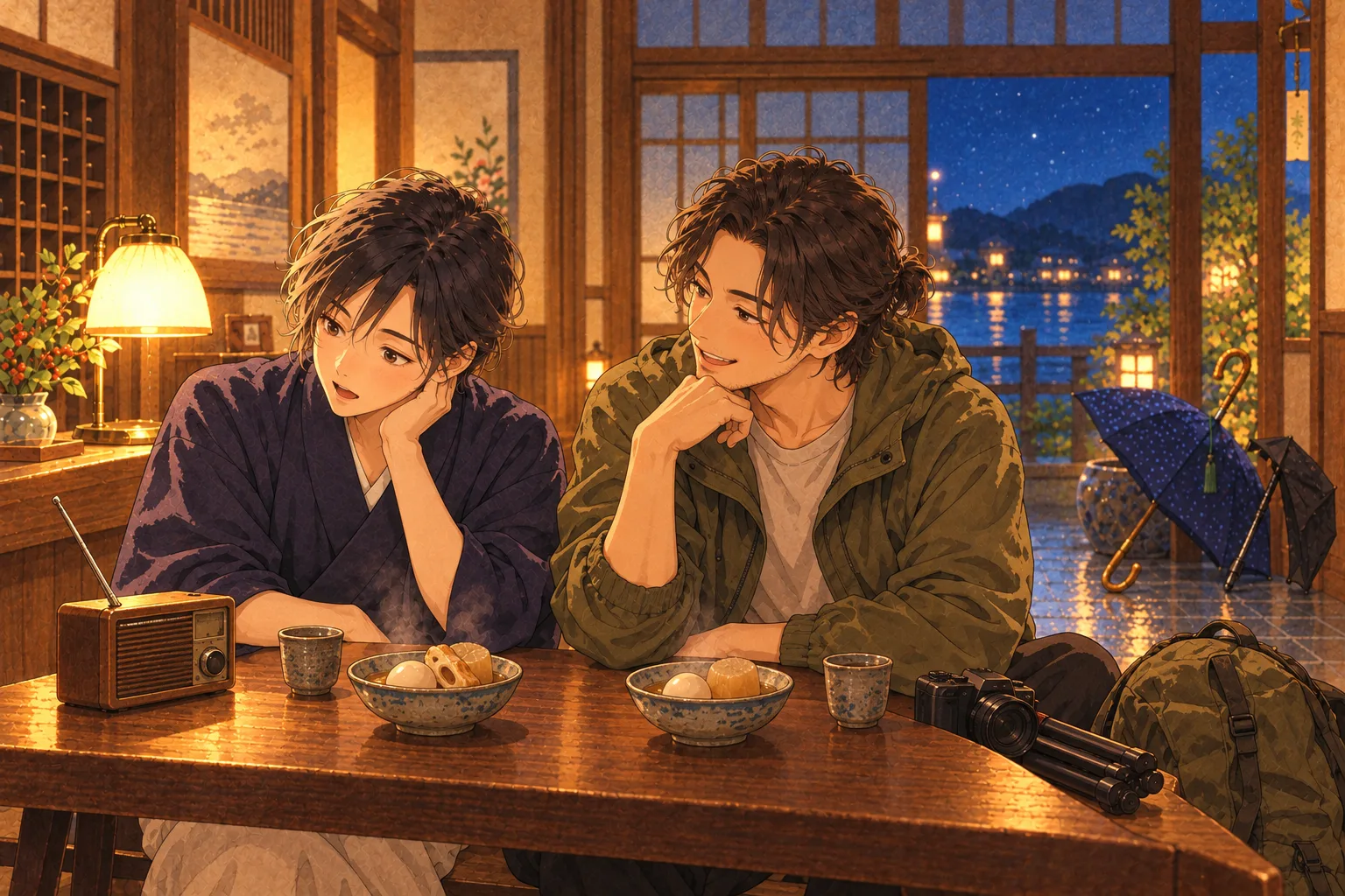 深夜の宿で二人がおでんを前に小さなラジオを聞く。奥には紺の大きな傘と黒い折りたたみ傘が並んで干されている。