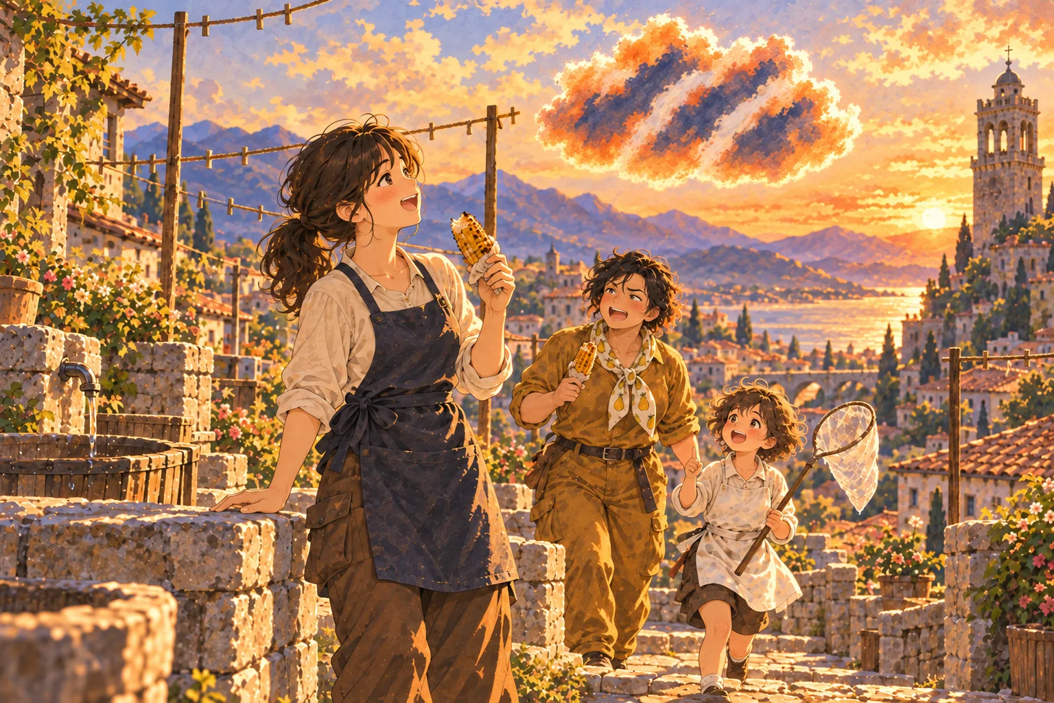 夕日に白い筋を光らせる小さな橙と紺の雲。とうもろこしを手に見上げる若い職人の後ろから、先輩と網を持った子どもが追いつく。