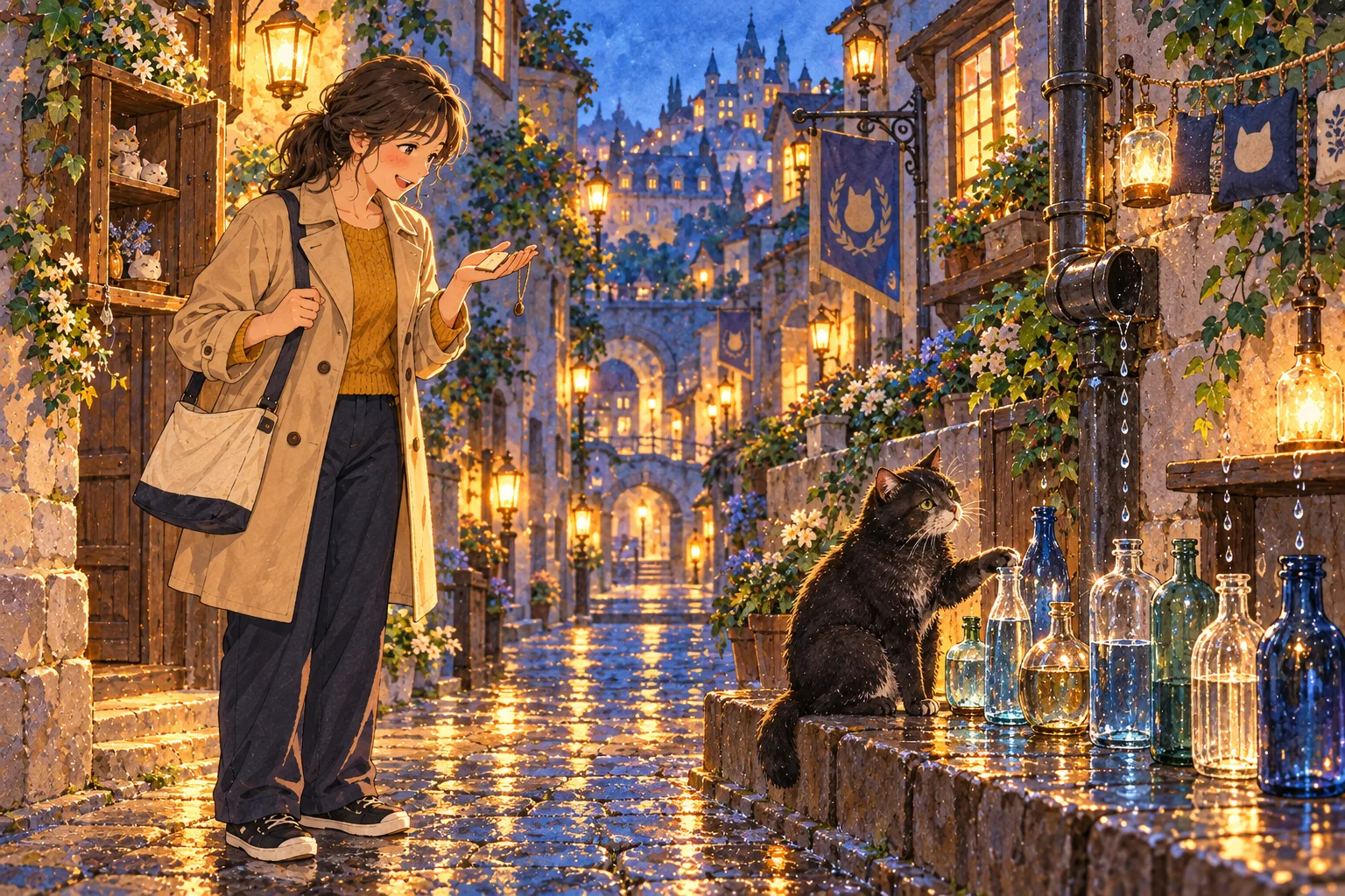 雨上がりの細い通りで黒猫が前足で瓶を並べ、雨樋の雫の音を調整している。ベージュのコートの女性が木の迷子札を手に笑う。
