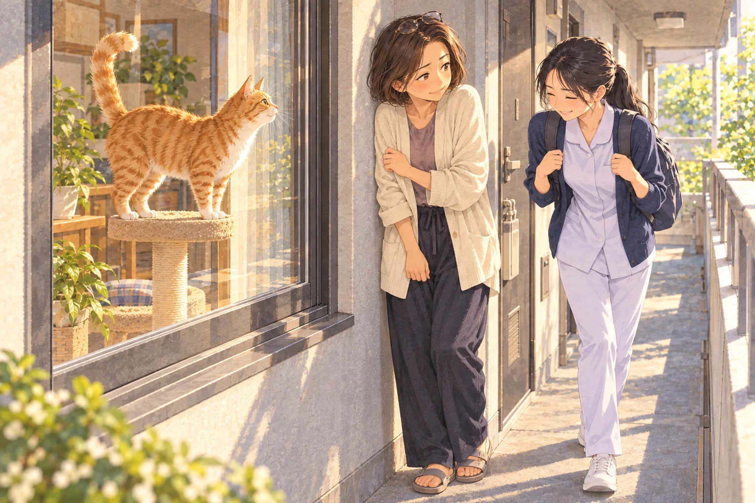 細い共用通路で壁へ背中を寄せる女性の前を、紺のリュックの隣人がすり抜ける。閉じた窓の中で茶トラ猫が隣人を見ている。