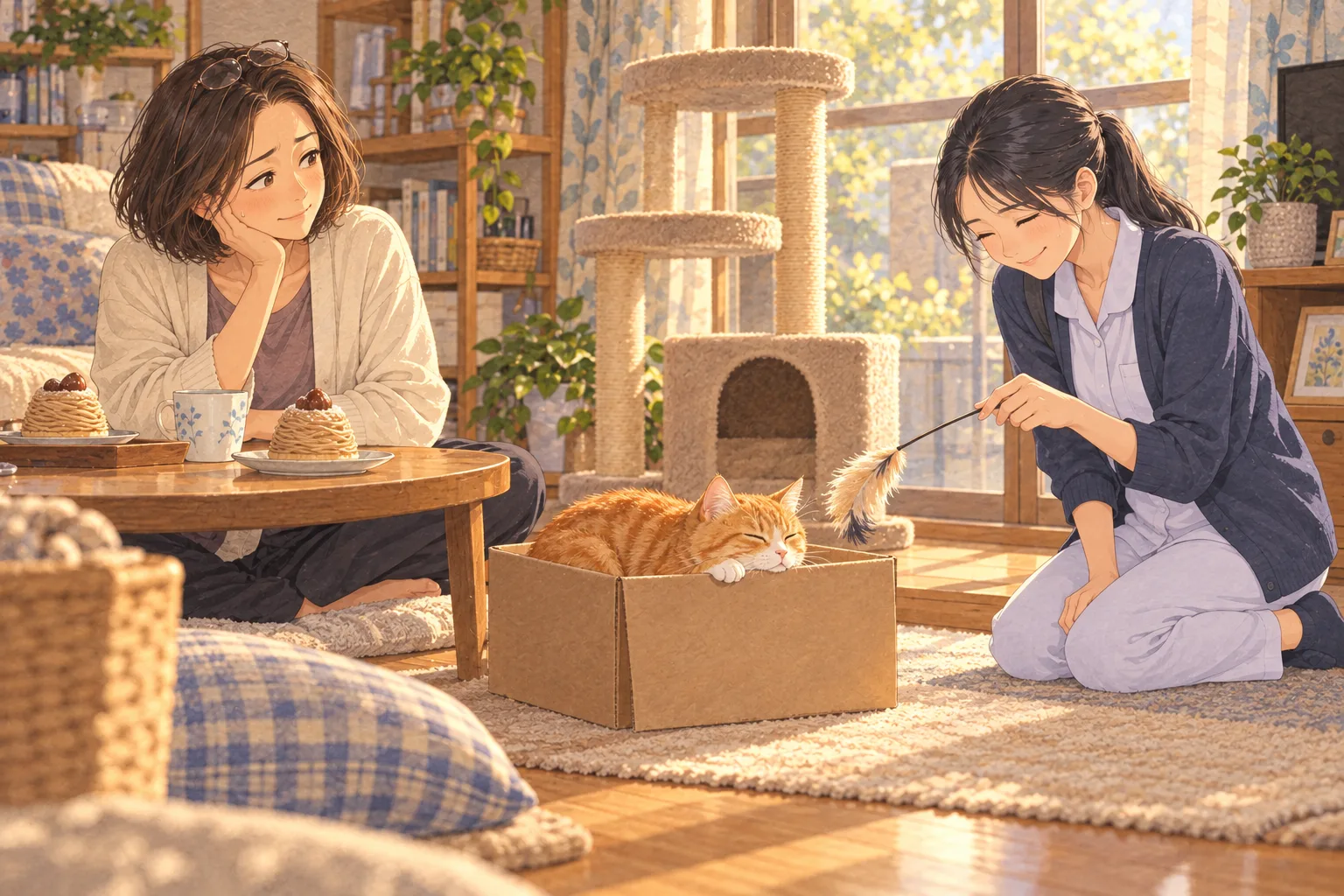 段ボール箱で眠る茶トラ猫に羽のおもちゃを揺らす若い女性と、複雑な顔で見守る飼い主。人用のテーブルにはモンブランが二つある。