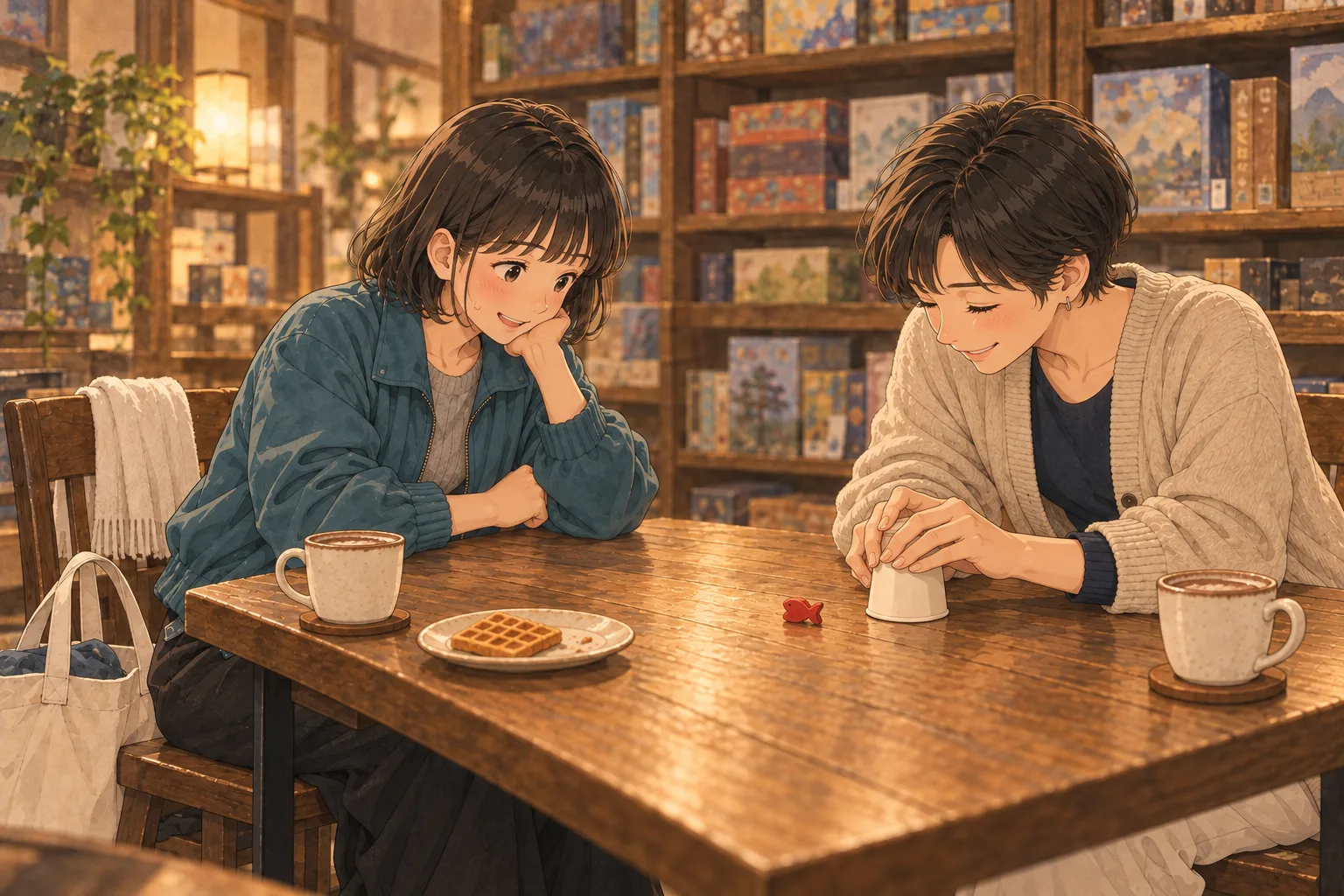 紙コップを両手で囲って真剣に考える短髪のゆかりと、少し困った顔のまま口元を笑わせるミコ。卓には赤い金魚とココアが並ぶ。