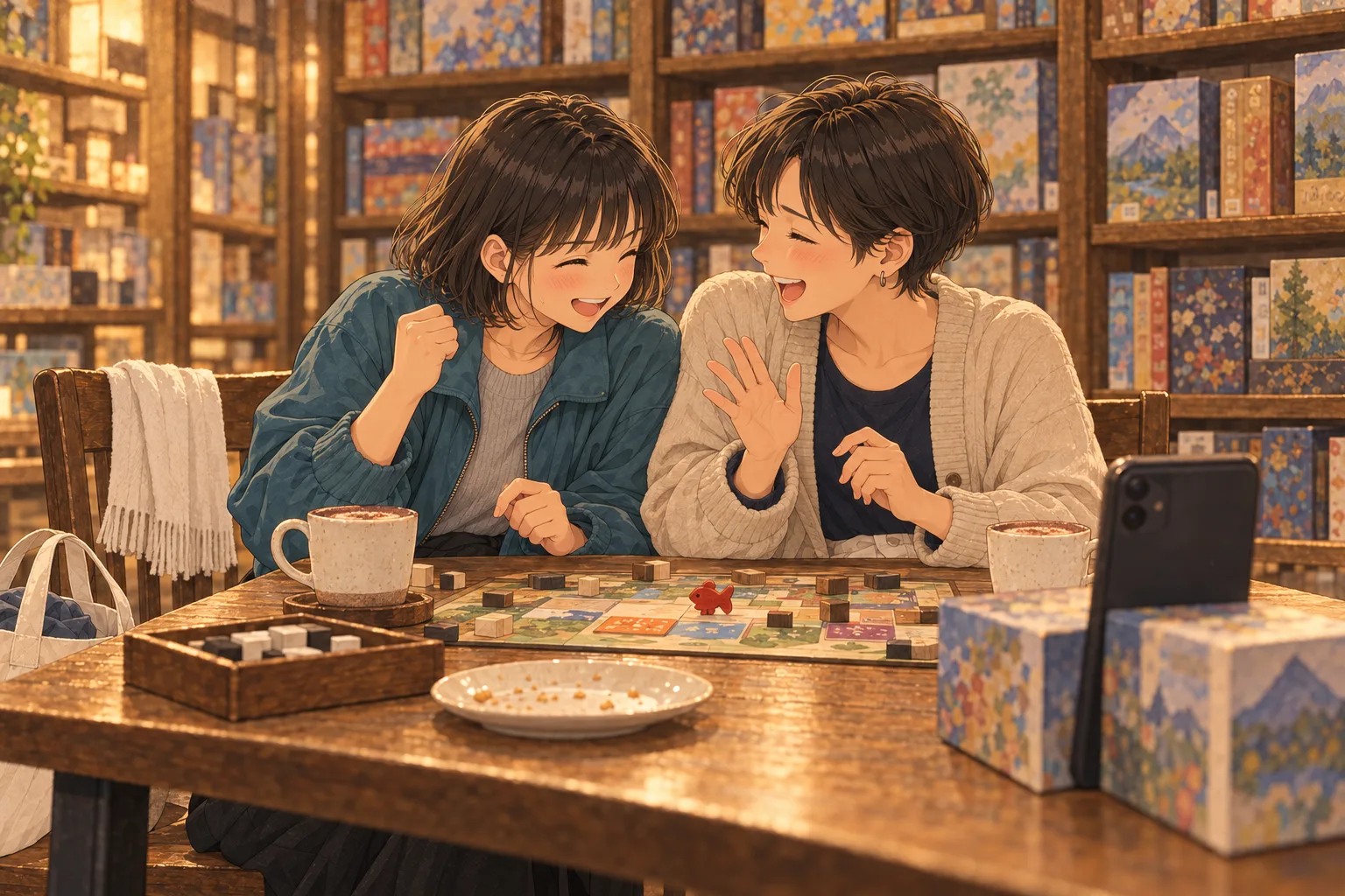 ボードゲームの卓で隣り合い、カメラではなくお互いを見て笑うミコとゆかり。手前には箱に支えたスマートフォンと空のワッフル皿がある。